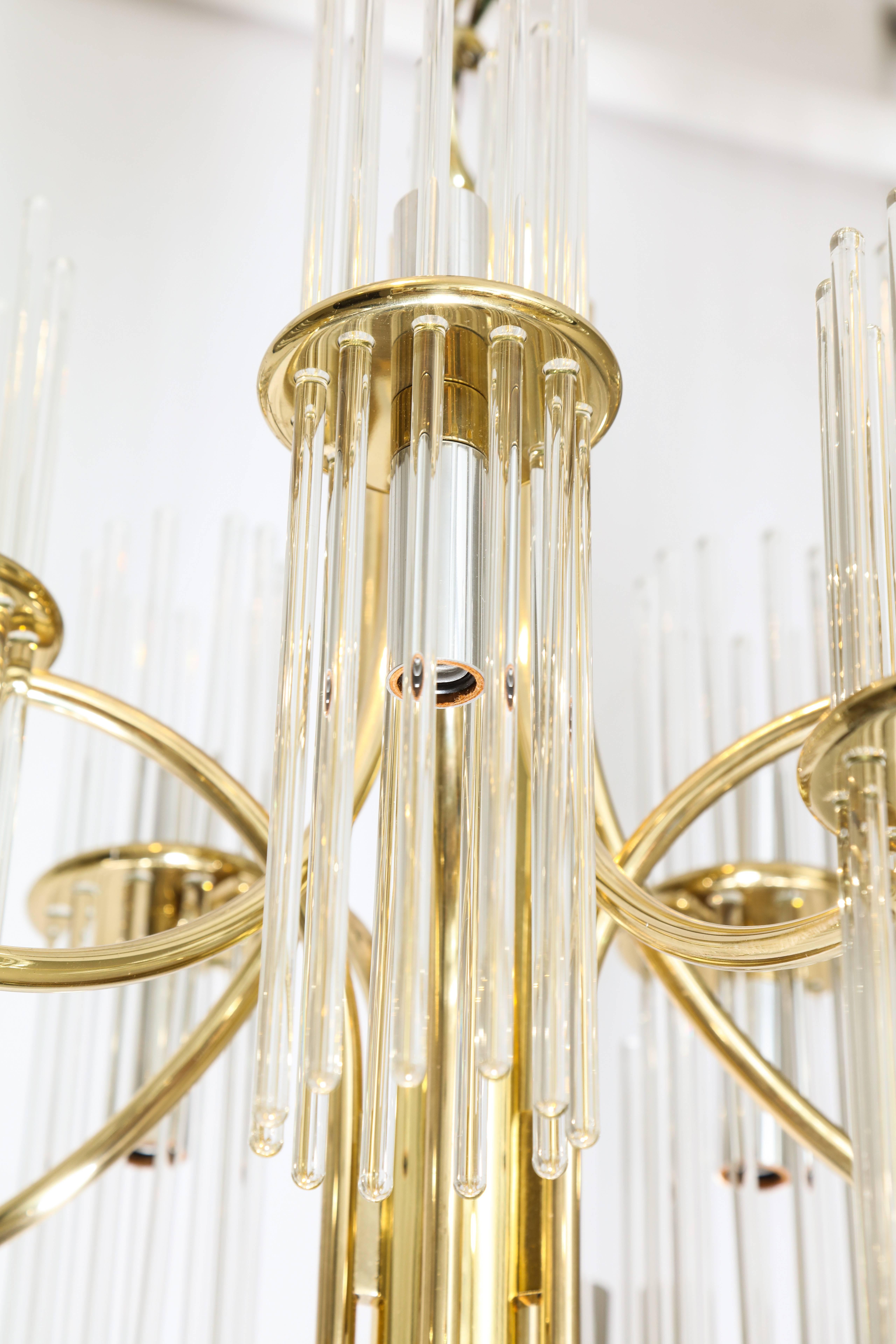 Late 20th Century Italian 1970s Brass Nine-Arm Chandelier with Glass Prisms