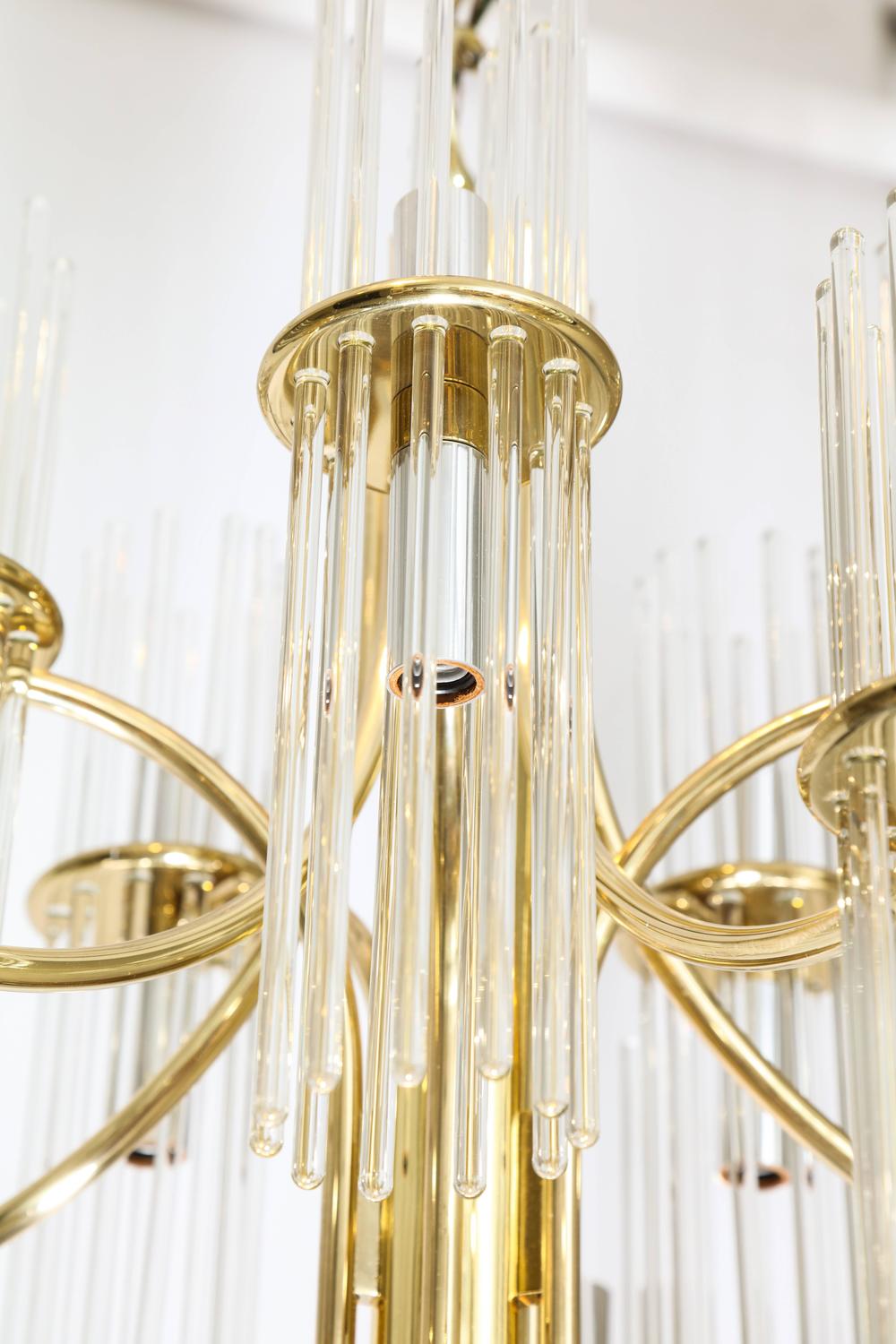 Italian 1970s Brass NineArm Chandelier with Glass Prisms For Sale at