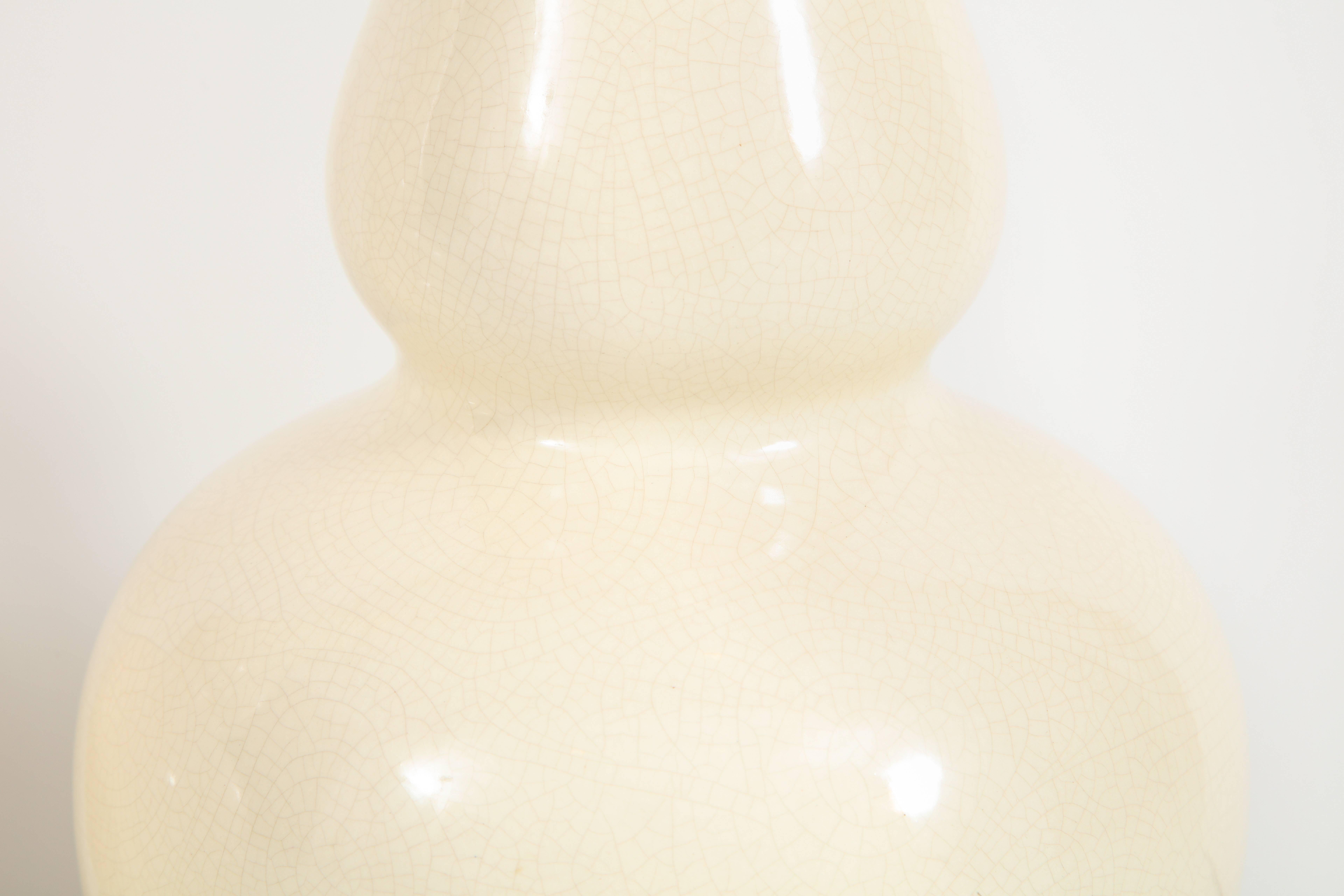 Ceramic Pair of Cream Glazed Gourd Vase Lamps with Lucite Square Base