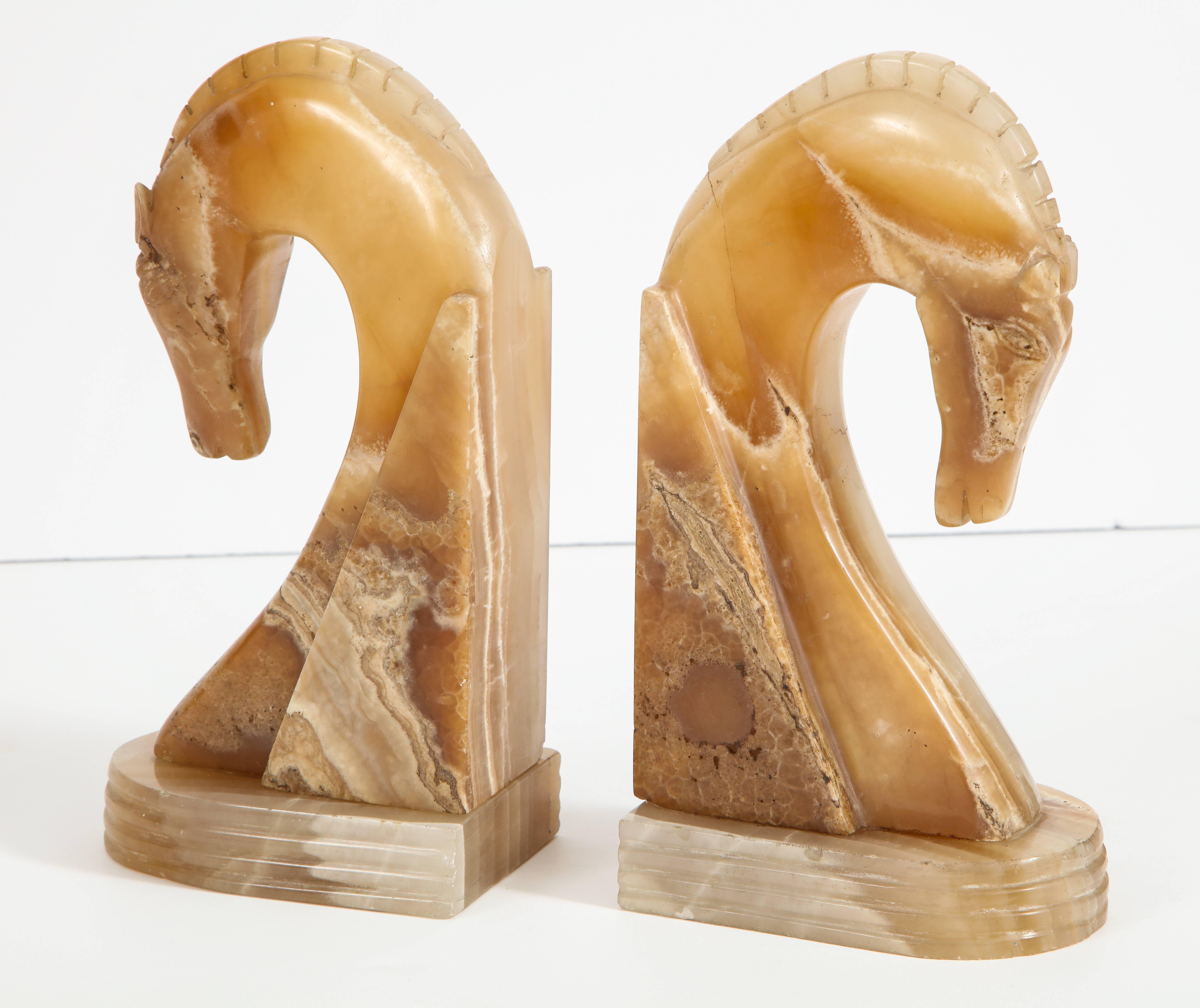 Hand-Carved Italian Onyx Horse Art Deco Head Bookends