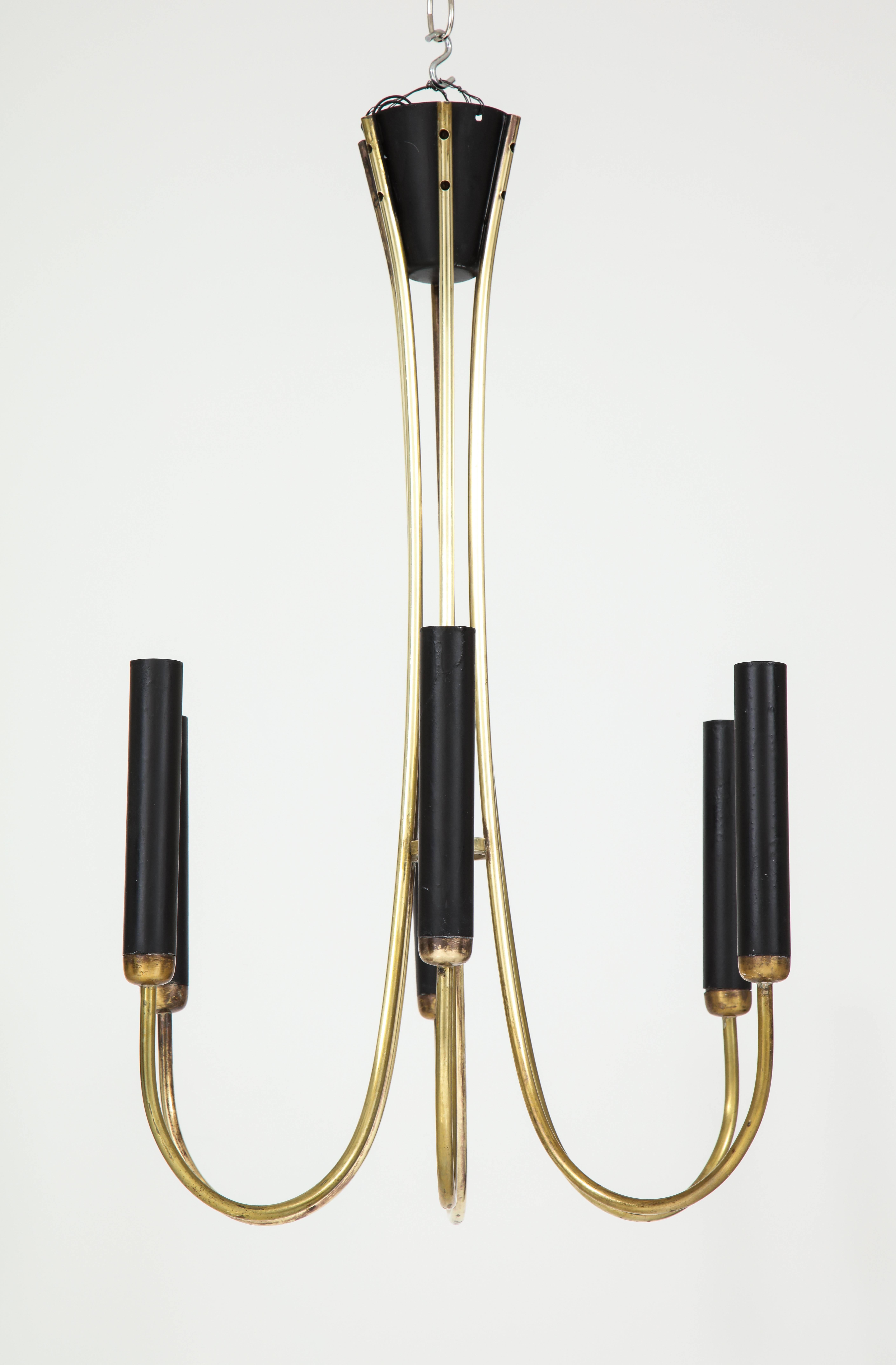 Italian Mid-Century Modern Brass Six-Arm Chandelier with Black Sleeves In Good Condition In New York, NY