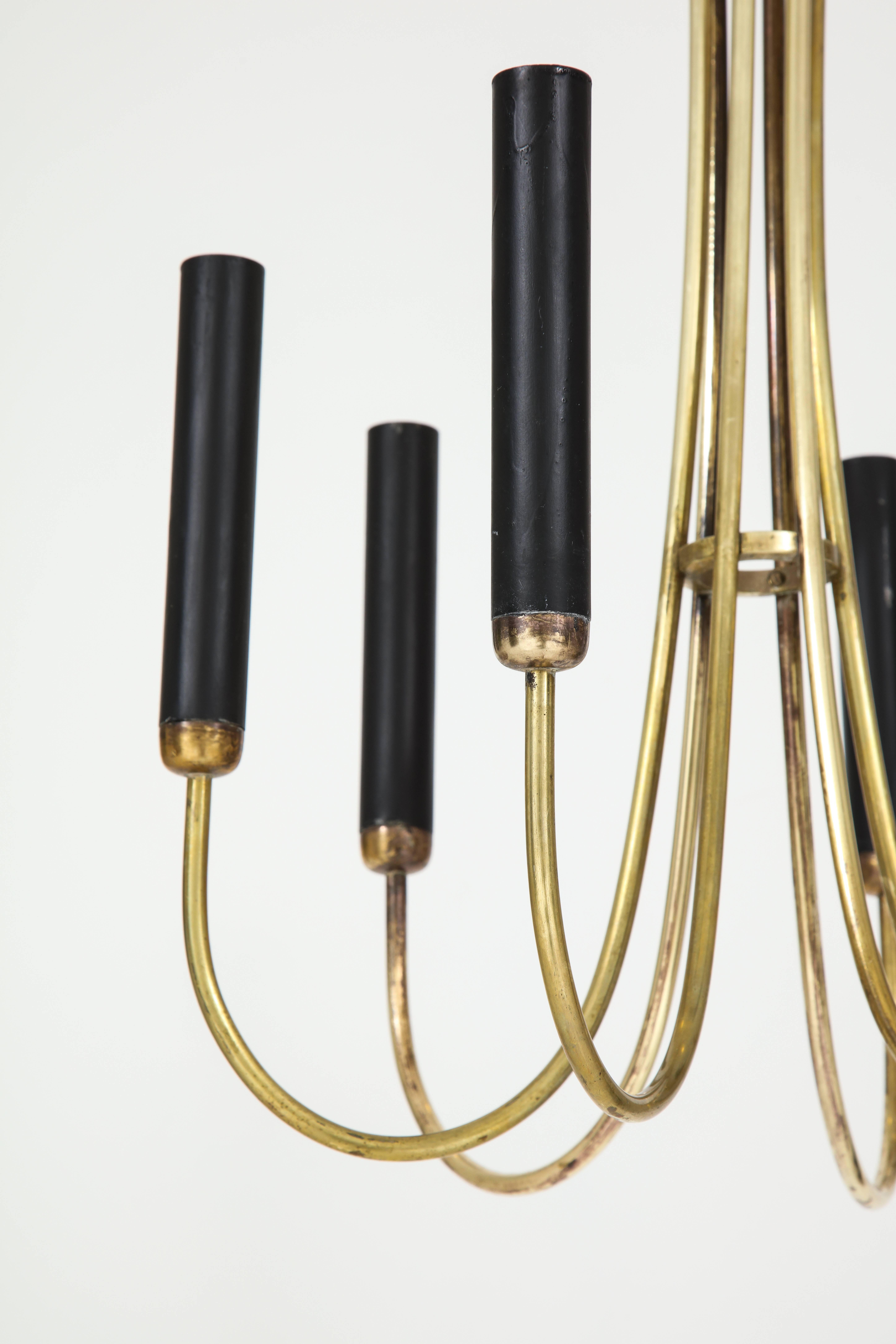 Italian Mid-Century Modern Brass Six-Arm Chandelier with Black Sleeves 1
