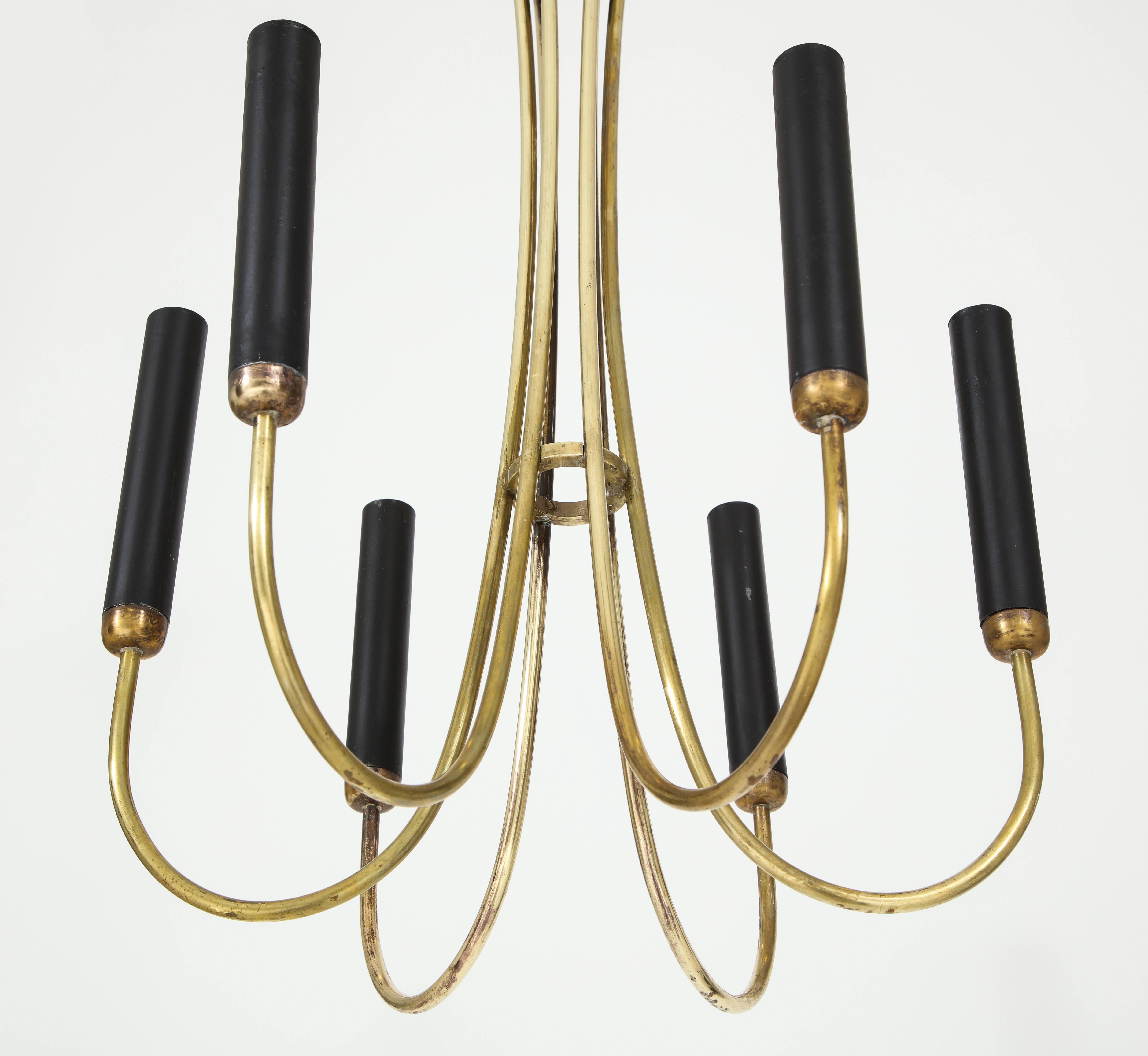 Late 20th Century Italian Mid-Century Modern Brass Six-Arm Chandelier with Black Sleeves