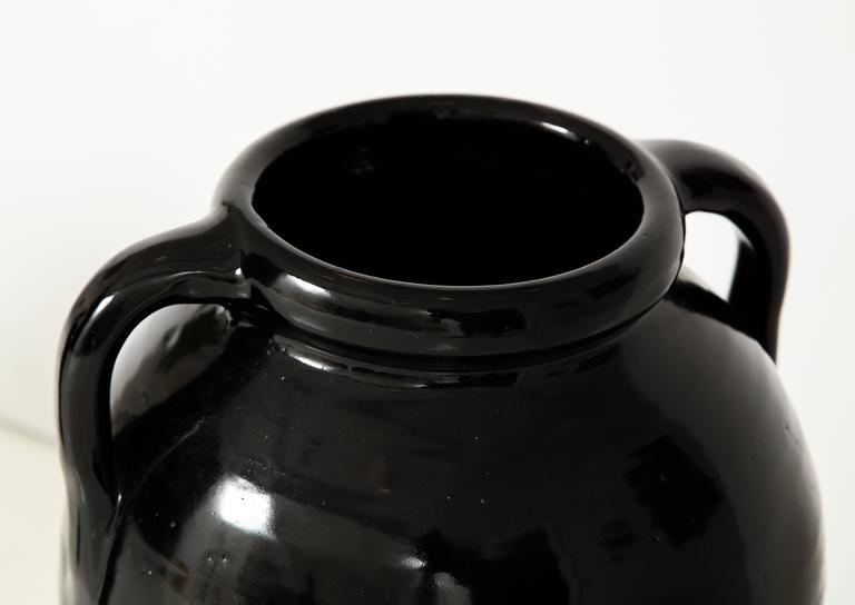 Pair of Tall Black Glazed Stone Ware Vases or Jars with Handles For Sale at 1stdibs