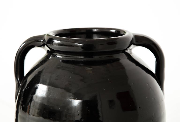 Pair of Tall Black Glazed Stone Ware Vases or Jars with Handles For Sale at 1stdibs