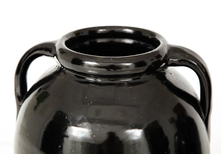 Pair of Tall Black Glazed Stone Ware Vases or Jars with Handles For Sale at 1stdibs