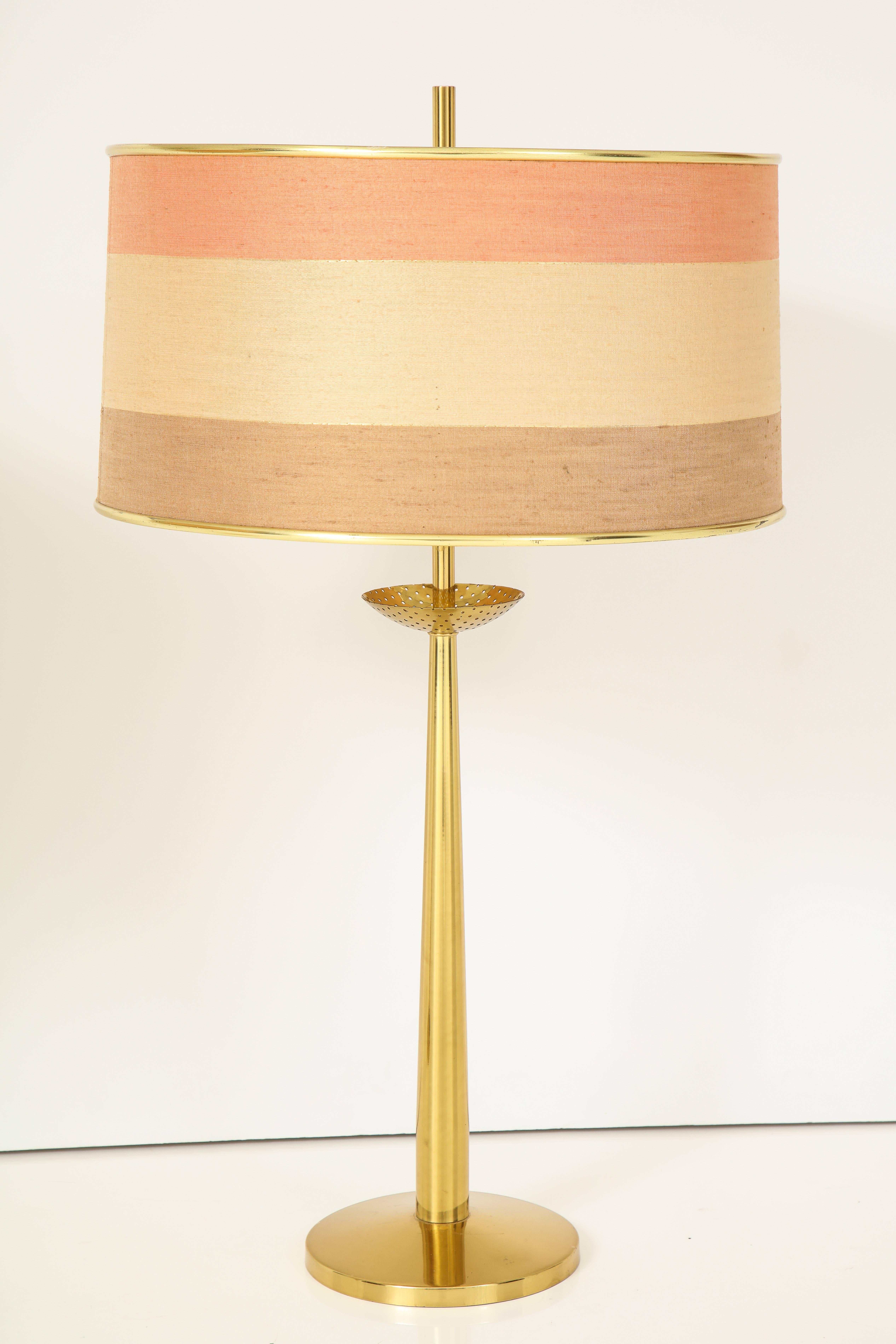 Mid-Century Modern Pair of Rembrandt Brass Lamps with Original Silk Shades