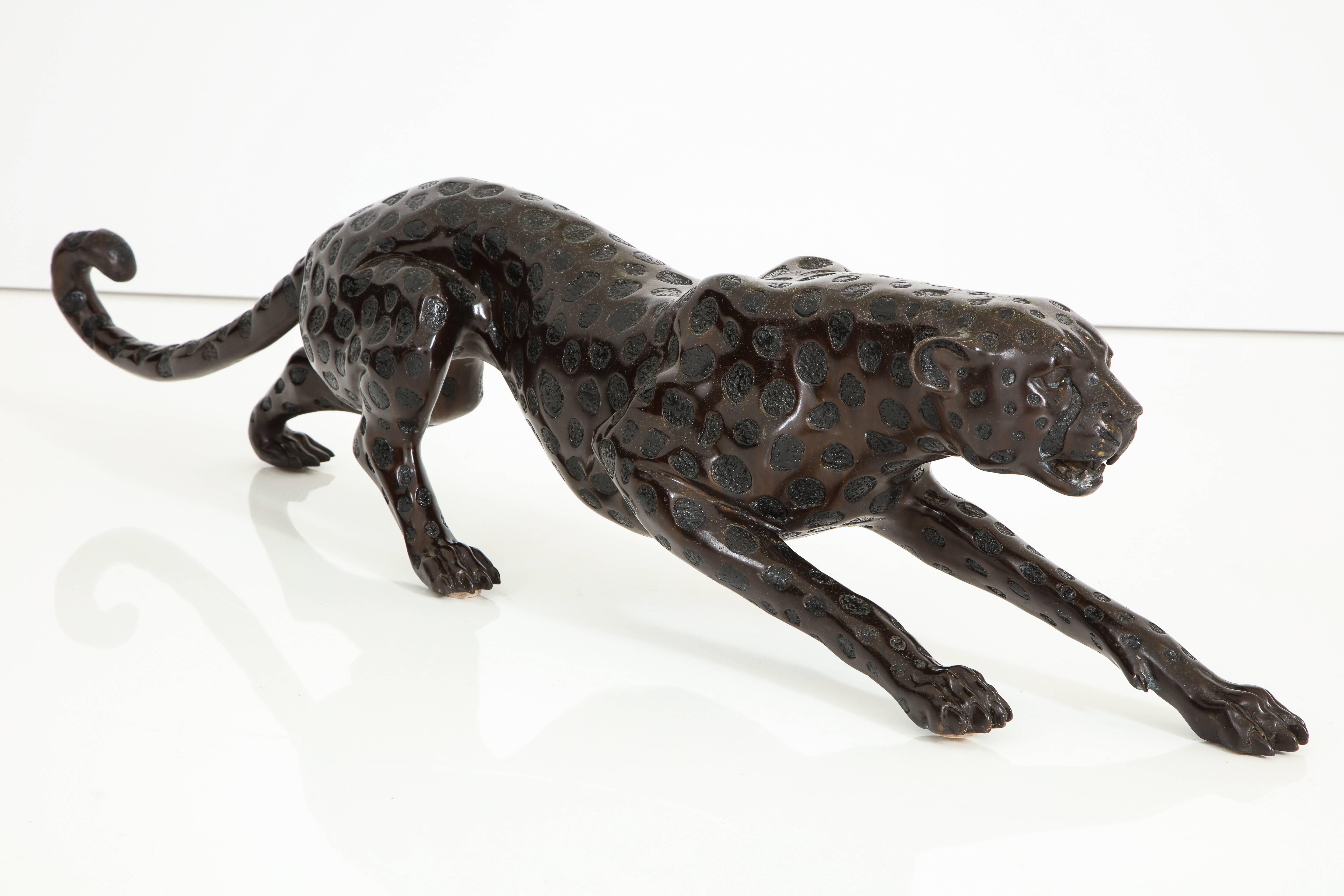 Painted Art Deco Bronze Sculpture of a Cheetah in Stride