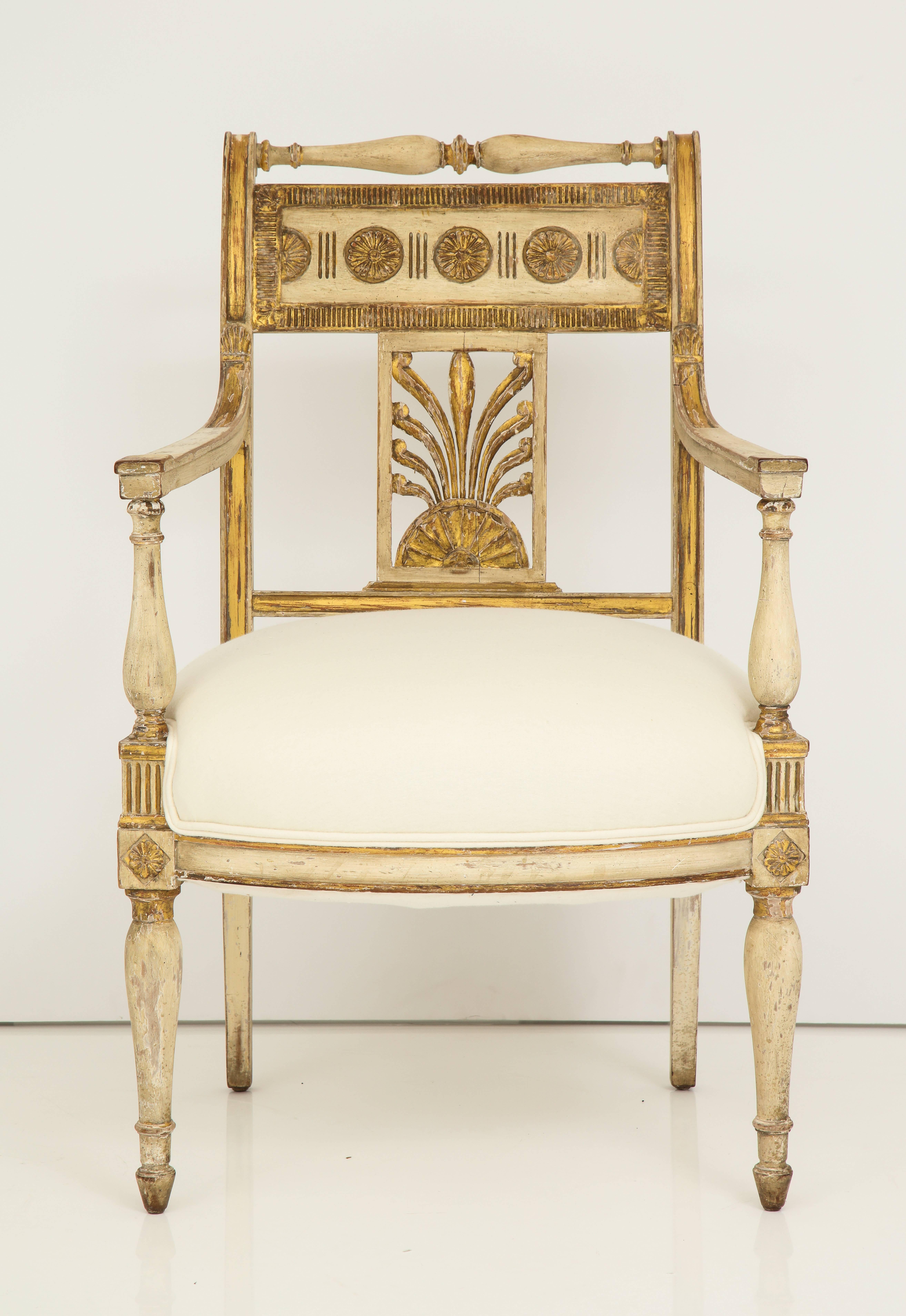 Pair of Italian Painted and Gilded Empire Period Armchairs 1