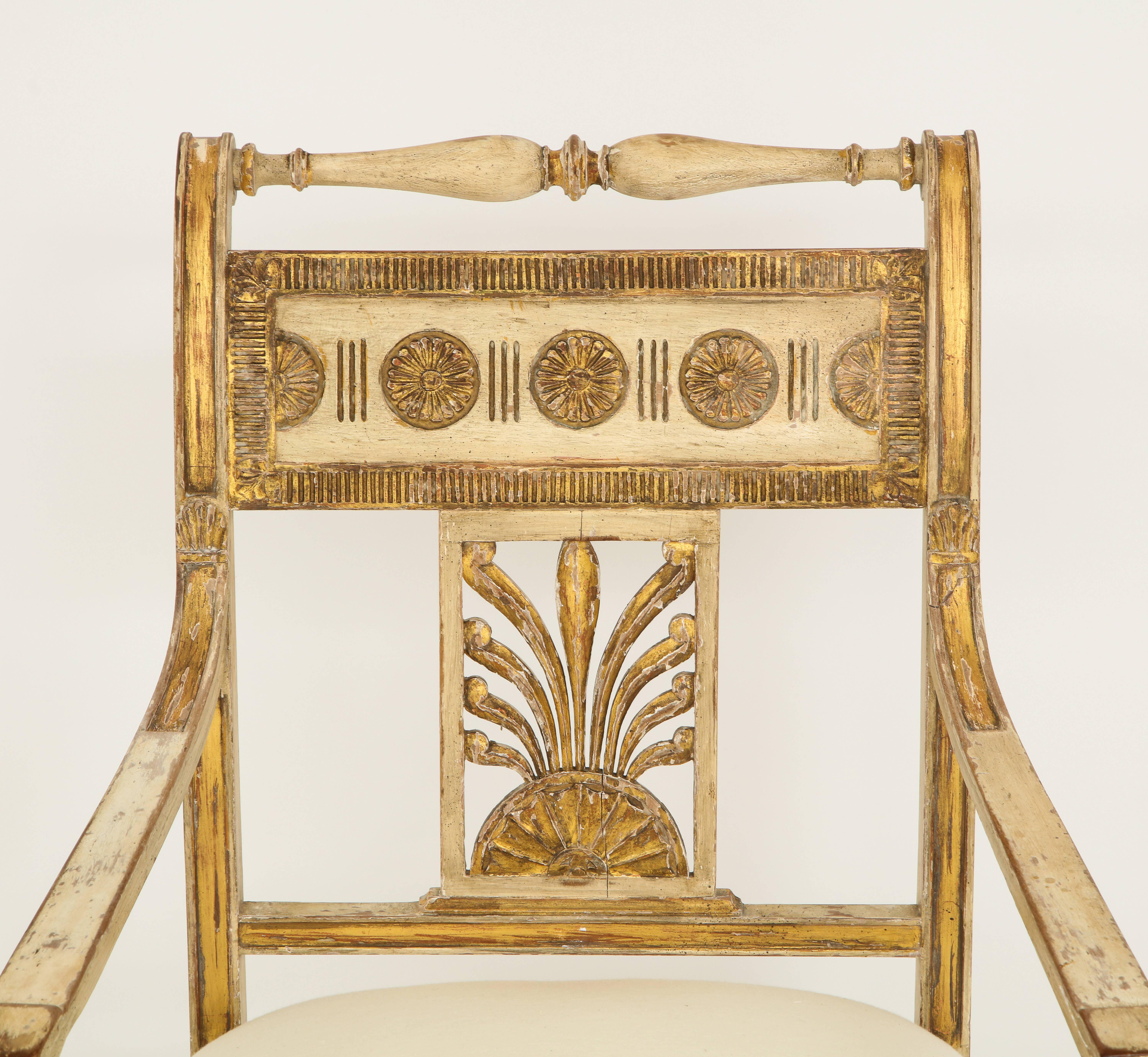 Giltwood Pair of Italian Painted and Gilded Empire Period Armchairs