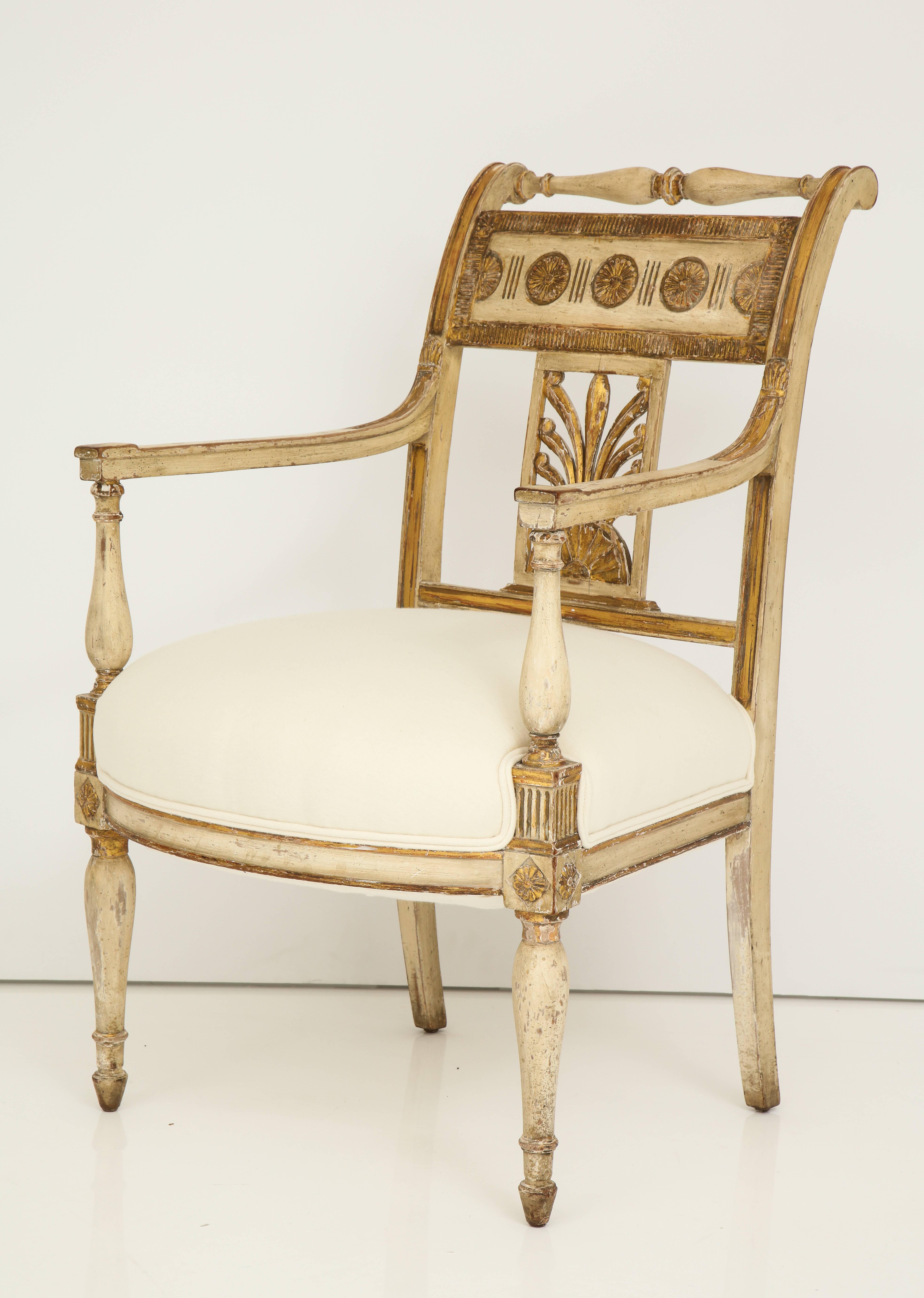 Pair of Italian Painted and Gilded Empire Period Armchairs In Excellent Condition In New York, NY