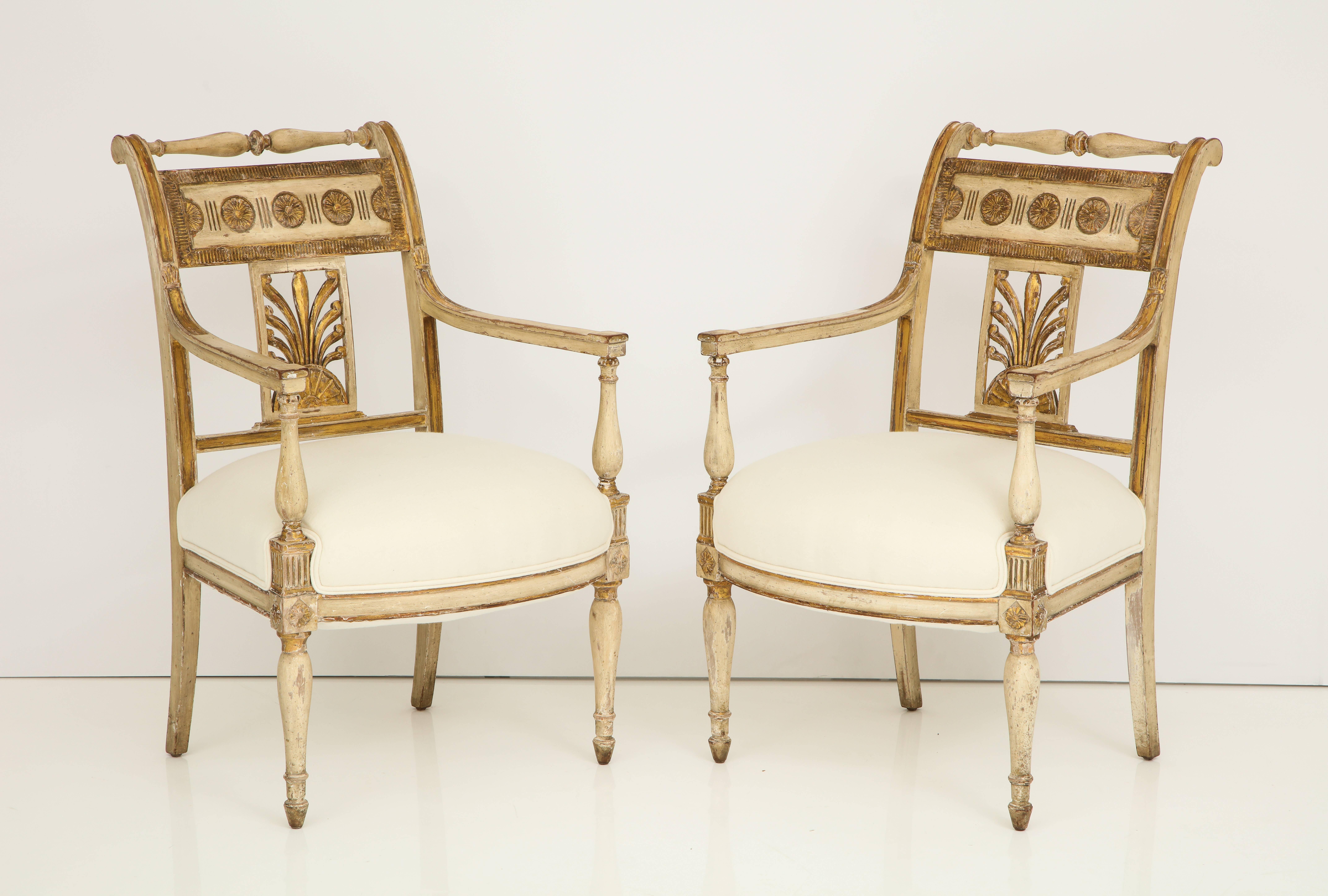 Hand-Carved Pair of Italian Painted and Gilded Empire Period Armchairs