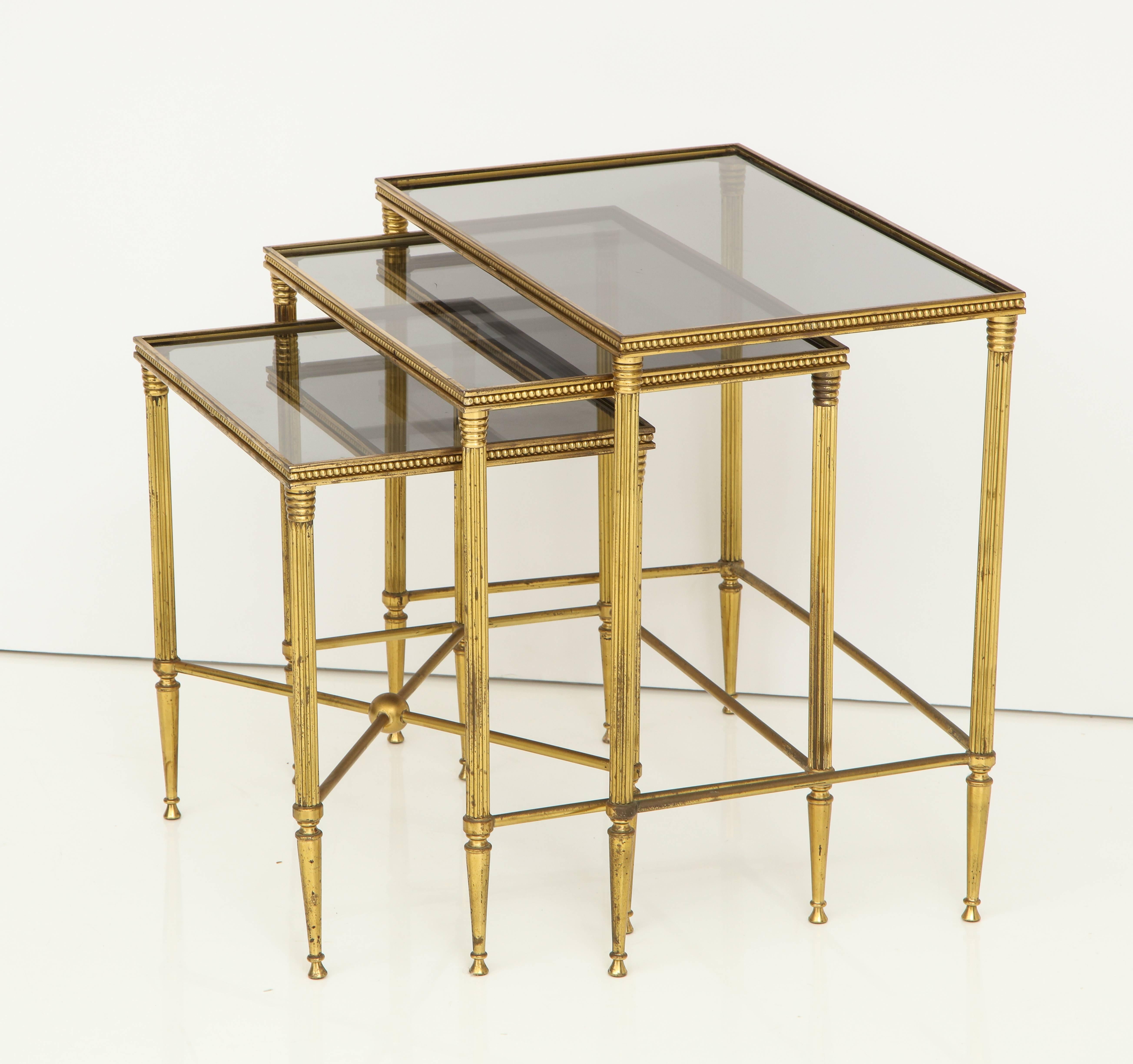 Italian Brass Nesting Tables with Inset Smoked Glass Tops 4