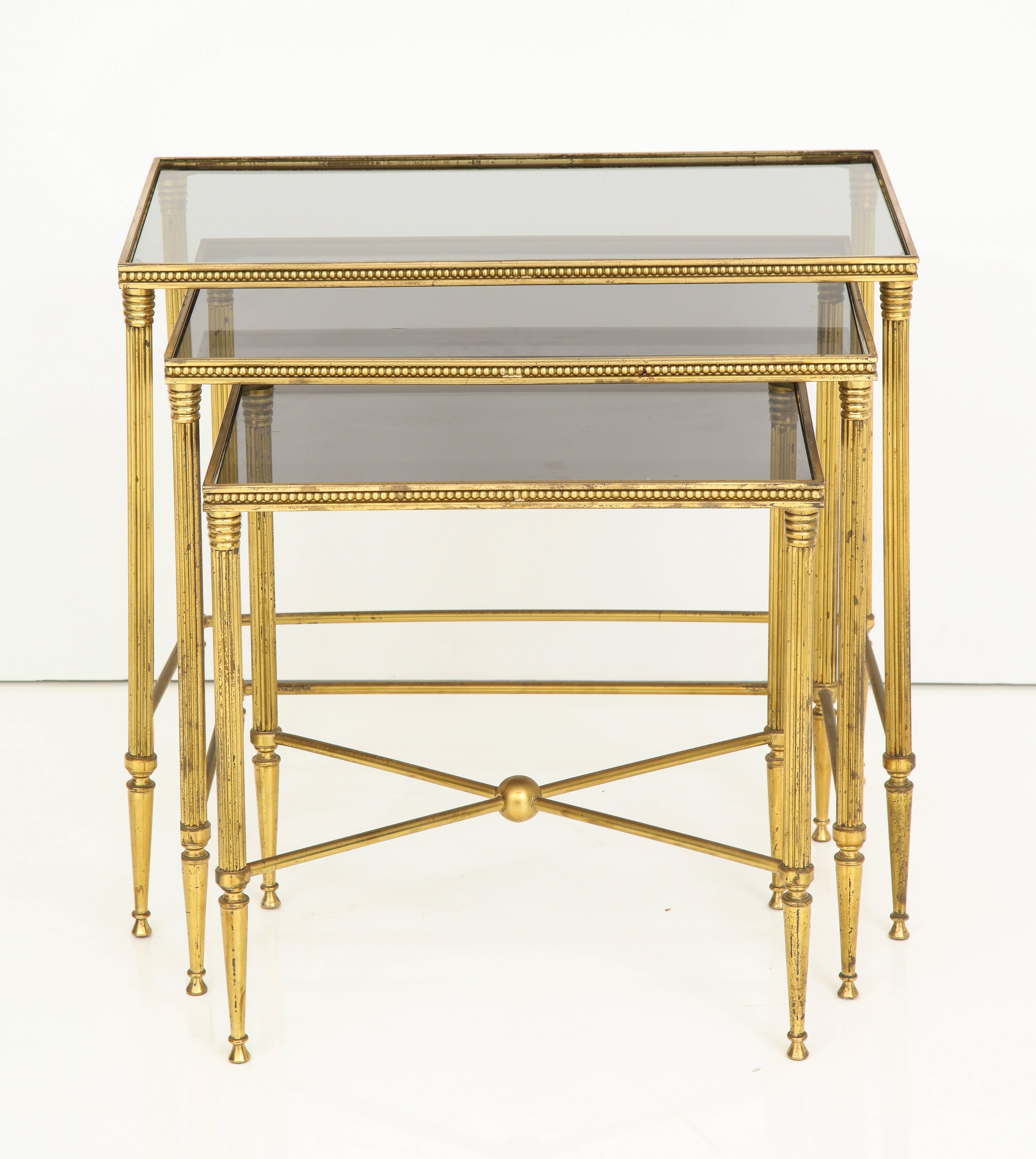 Italian Brass Nesting Tables with Inset Smoked Glass Tops 1