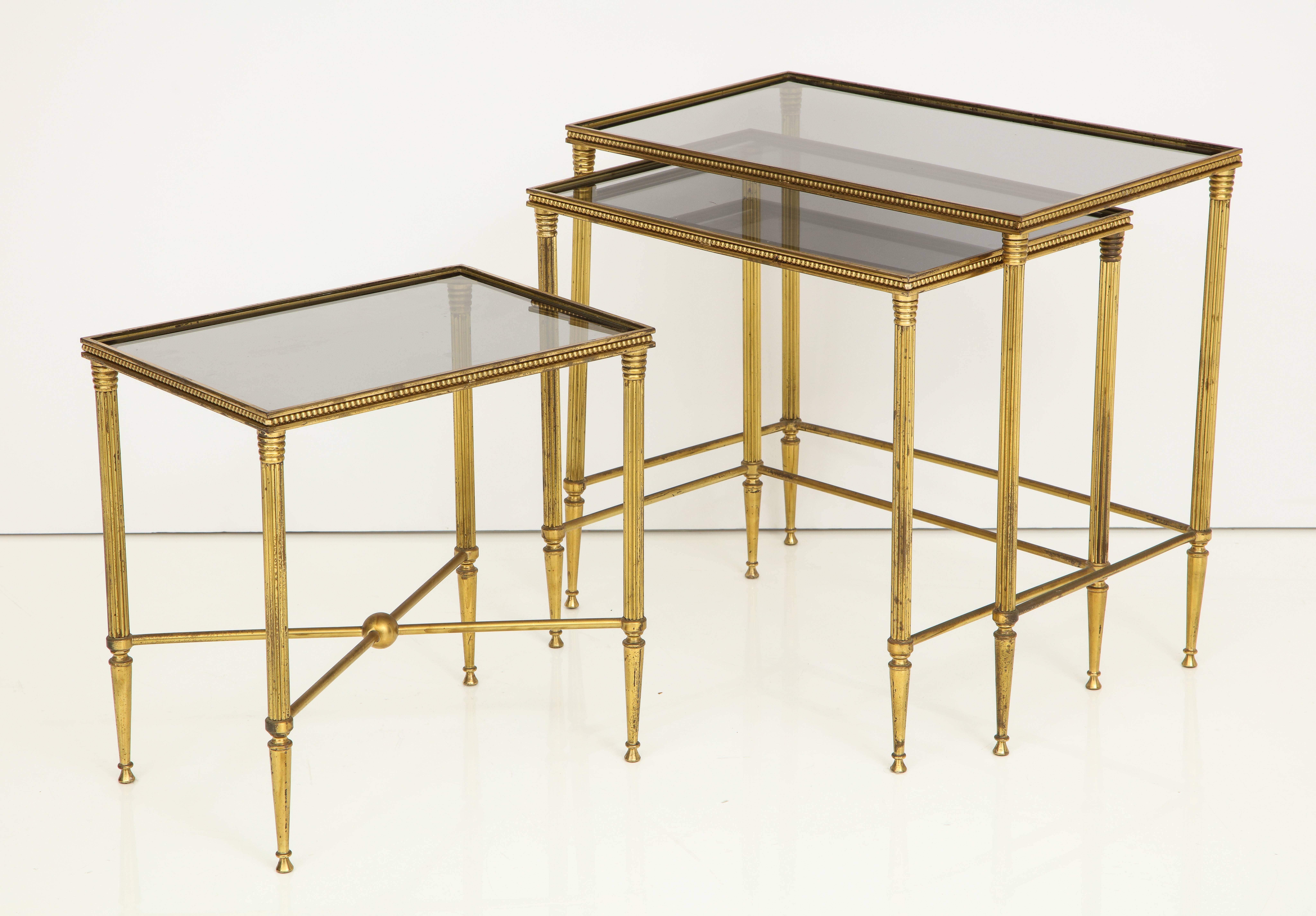 Italian Brass Nesting Tables with Inset Smoked Glass Tops 2