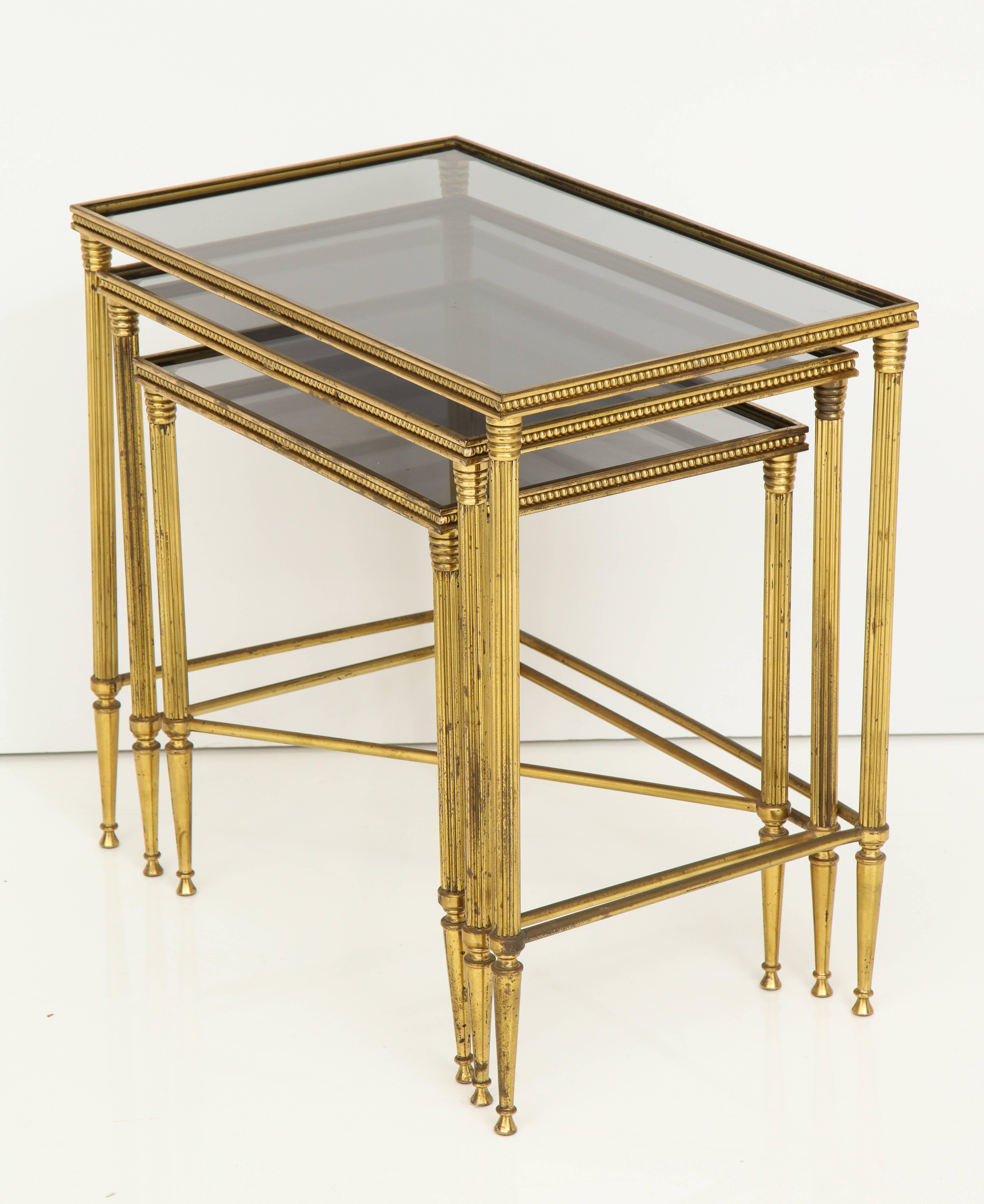 Italian Brass Nesting Tables with Inset Smoked Glass Tops 5