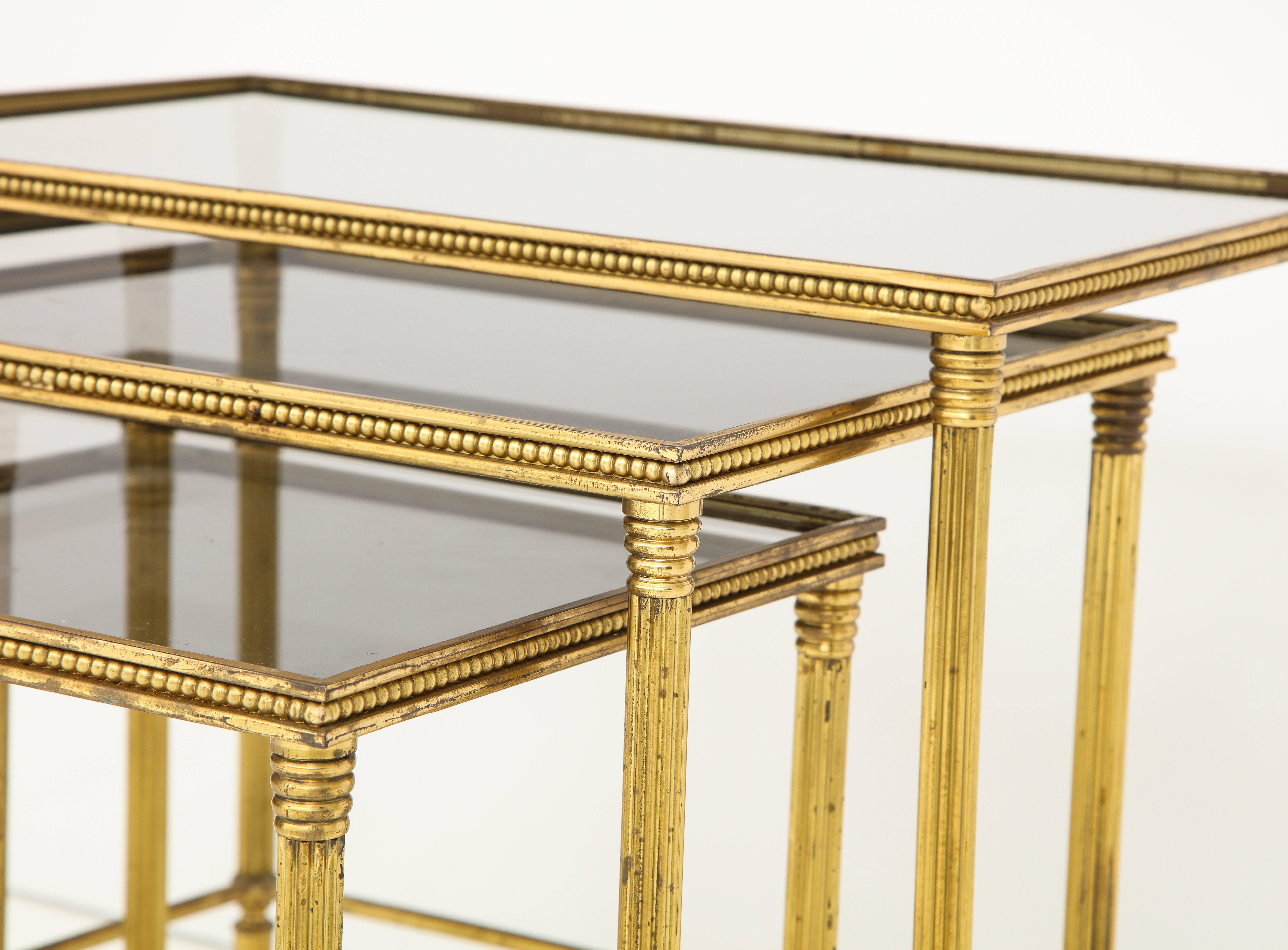 Mid-20th Century Italian Brass Nesting Tables with Inset Smoked Glass Tops