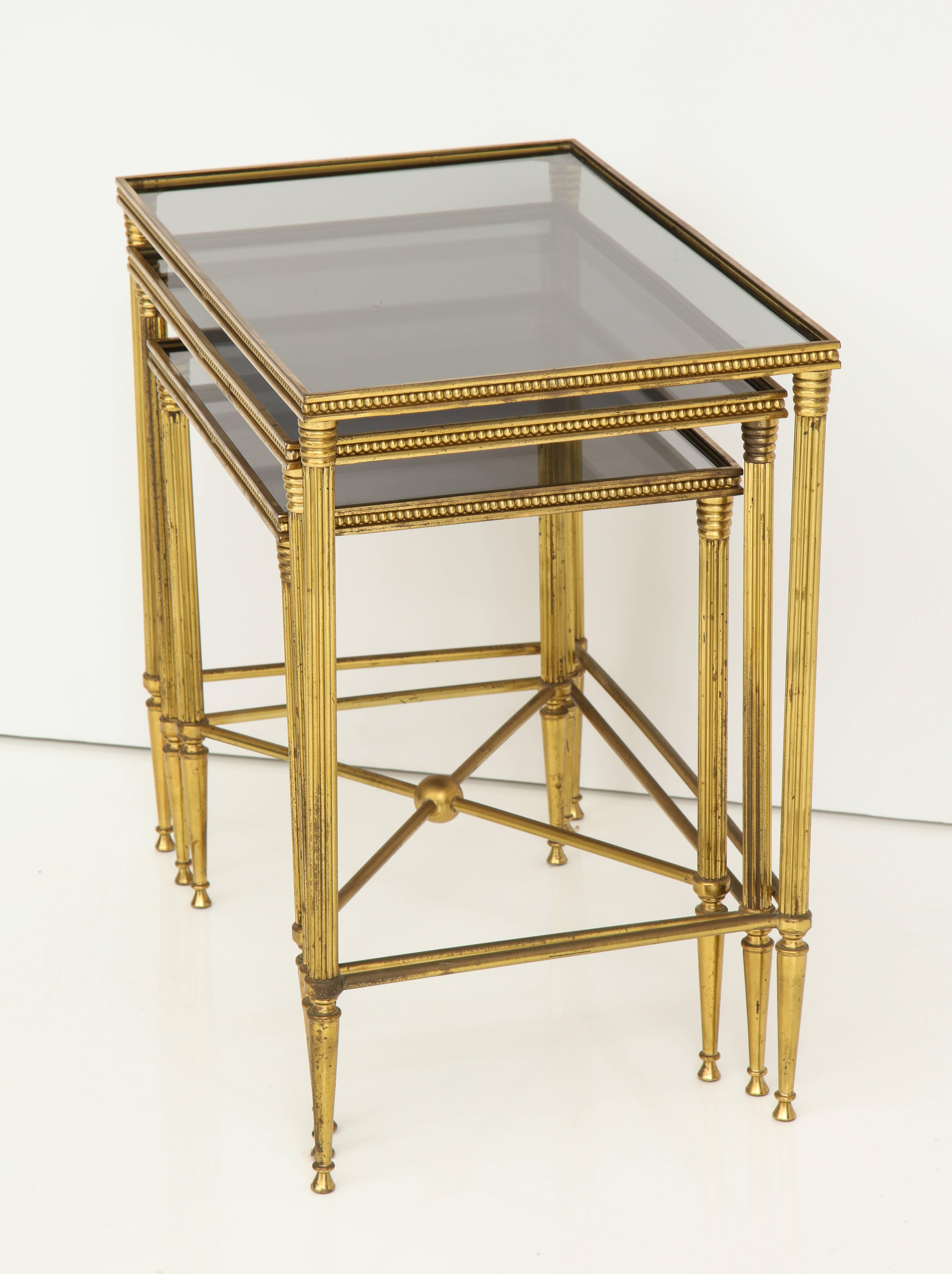 Italian Brass Nesting Tables with Inset Smoked Glass Tops 6
