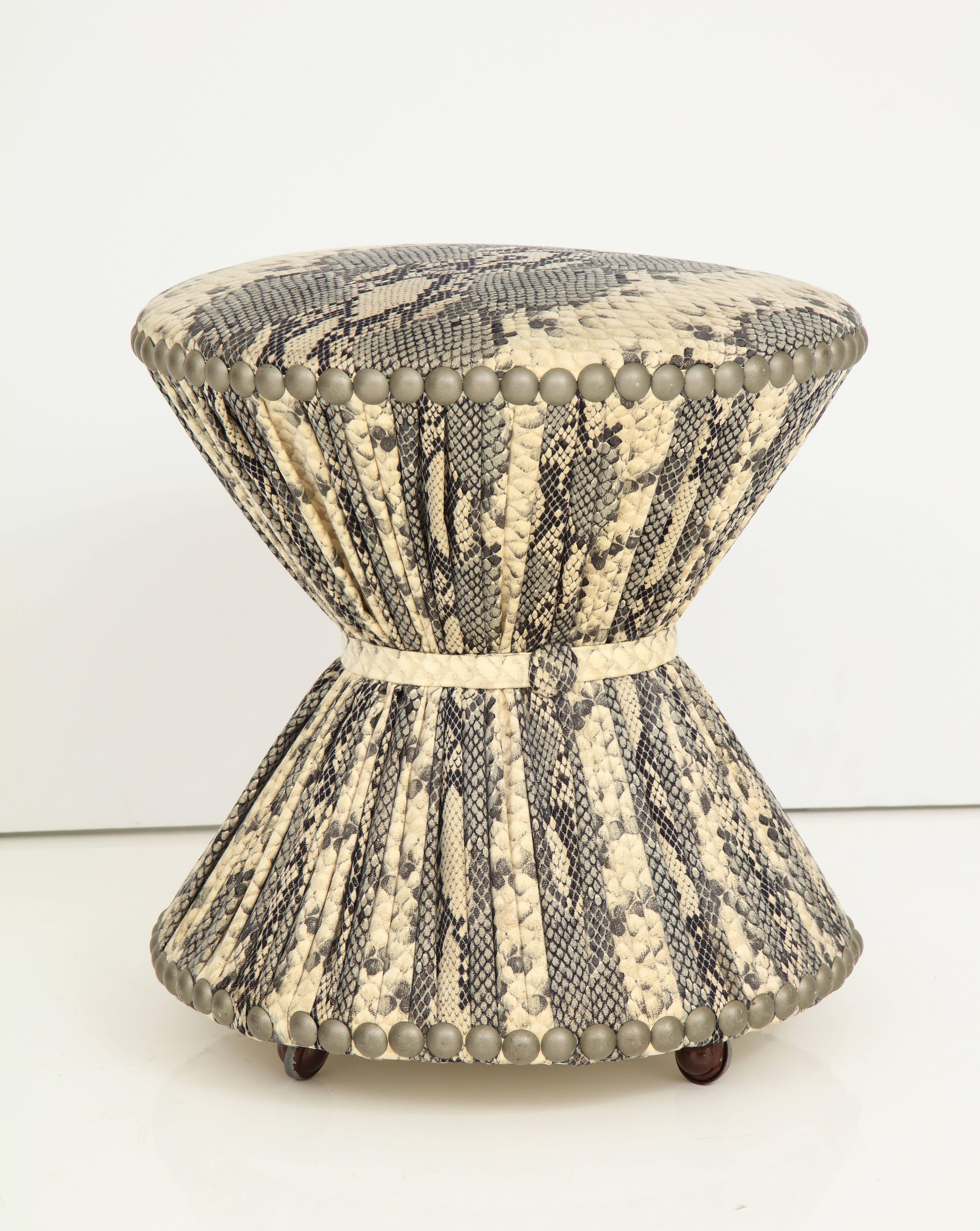 American Snakeskin Printed Fabric Stool on Casters with Studded Trim