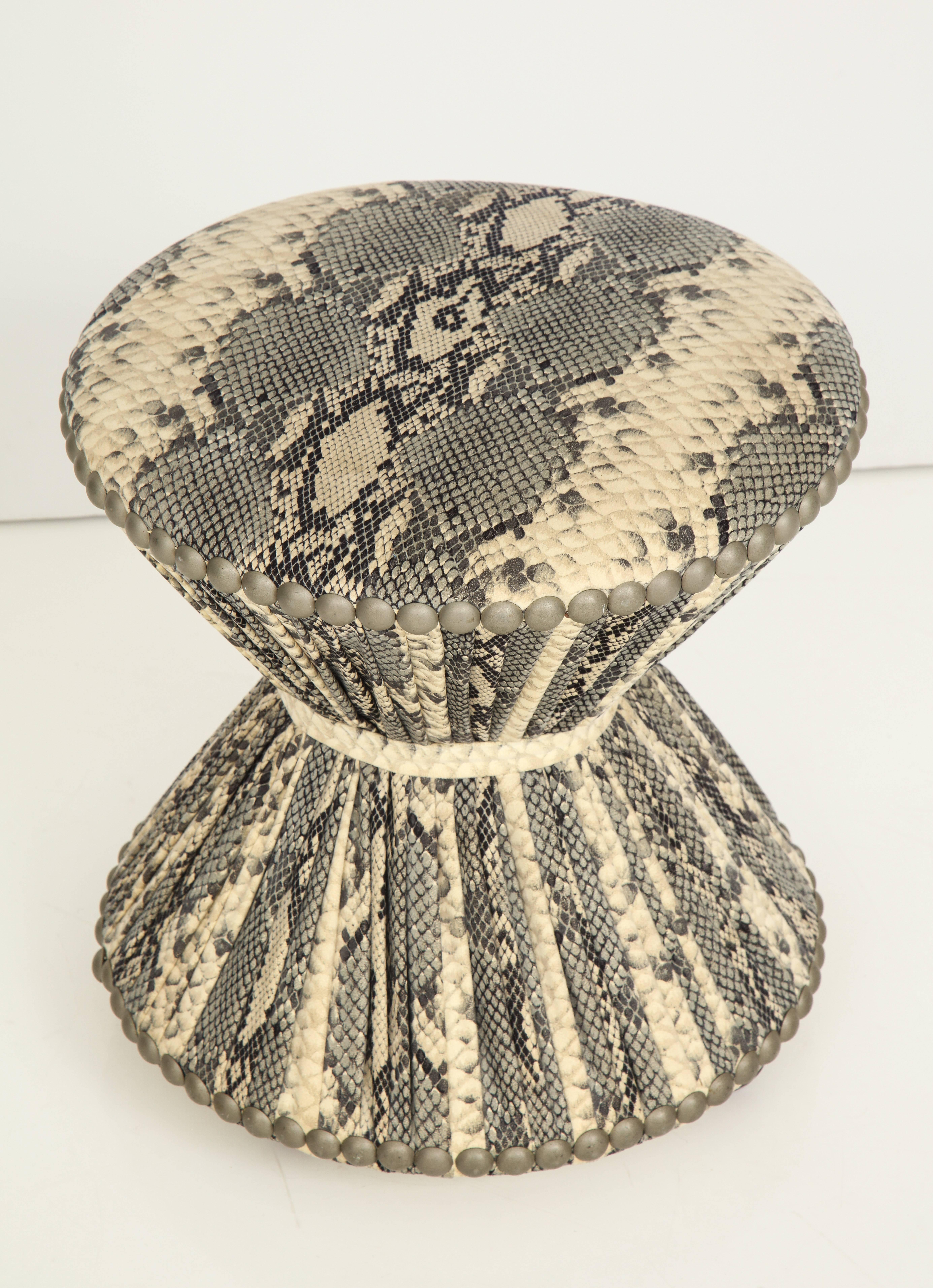 Snakeskin Printed Fabric Stool on Casters with Studded Trim 2