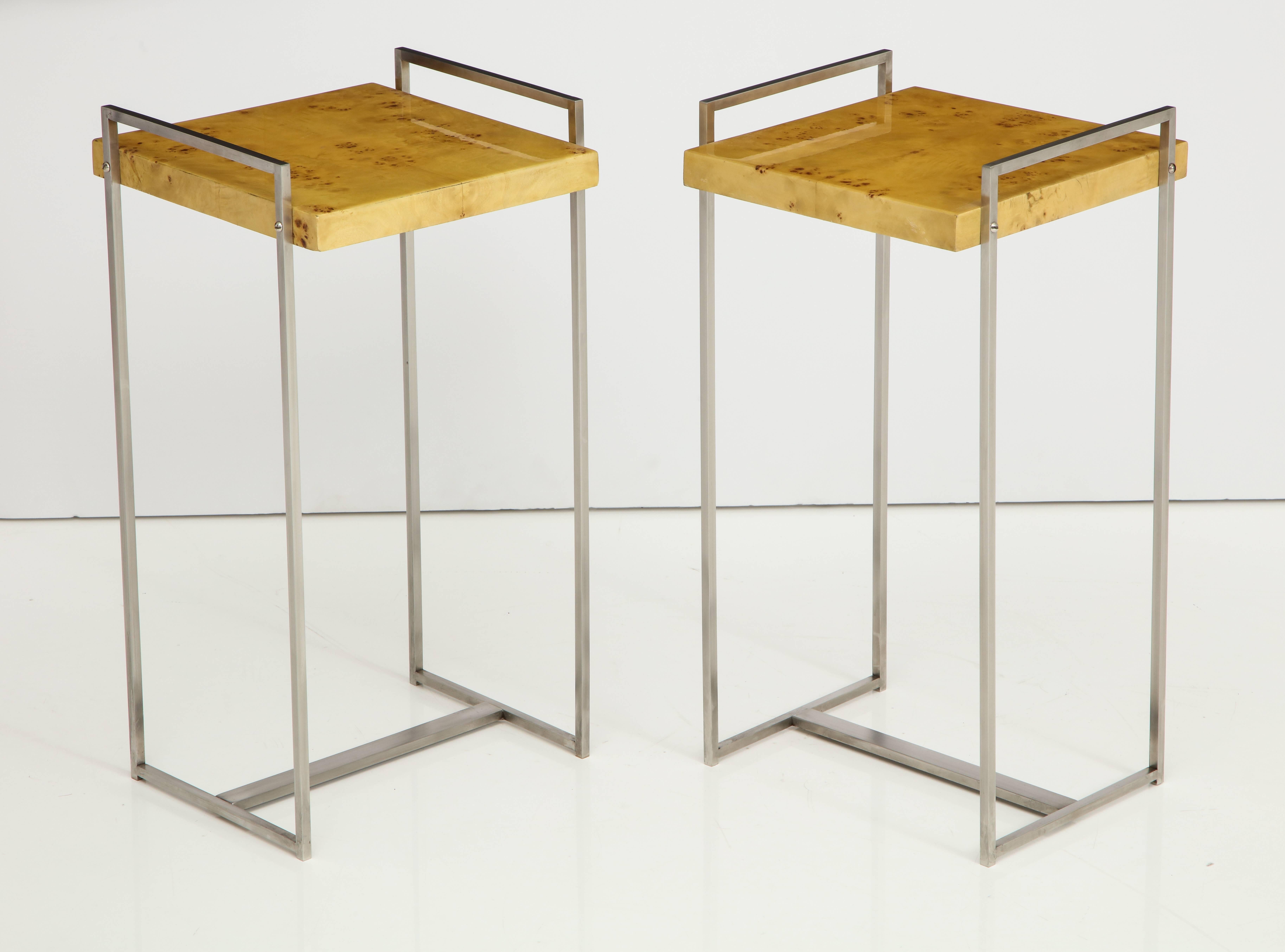 Pair of Steel Side Tables or End Tables with Birdseye Maple Tops 4