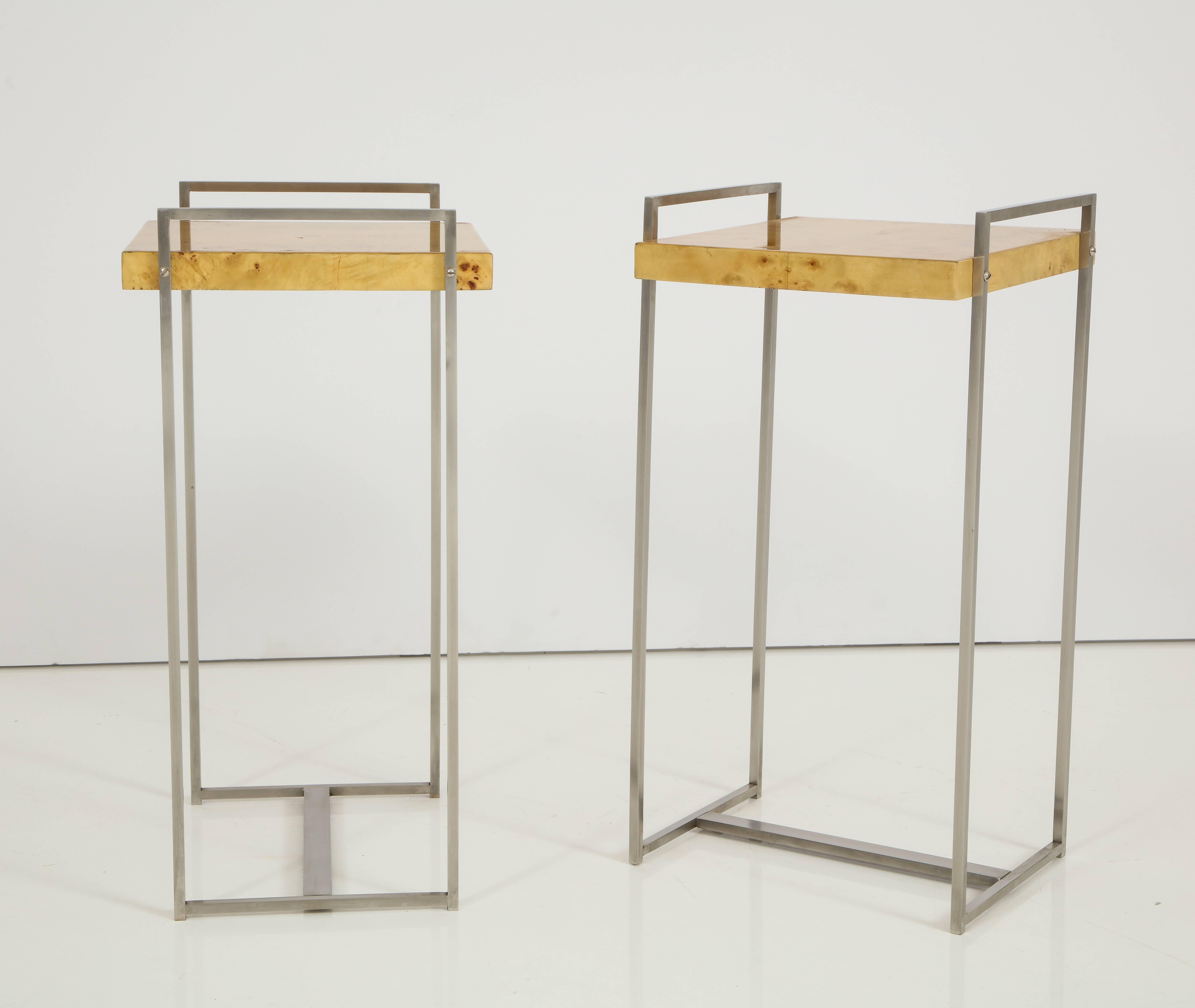 American Pair of Steel Side Tables or End Tables with Birdseye Maple Tops