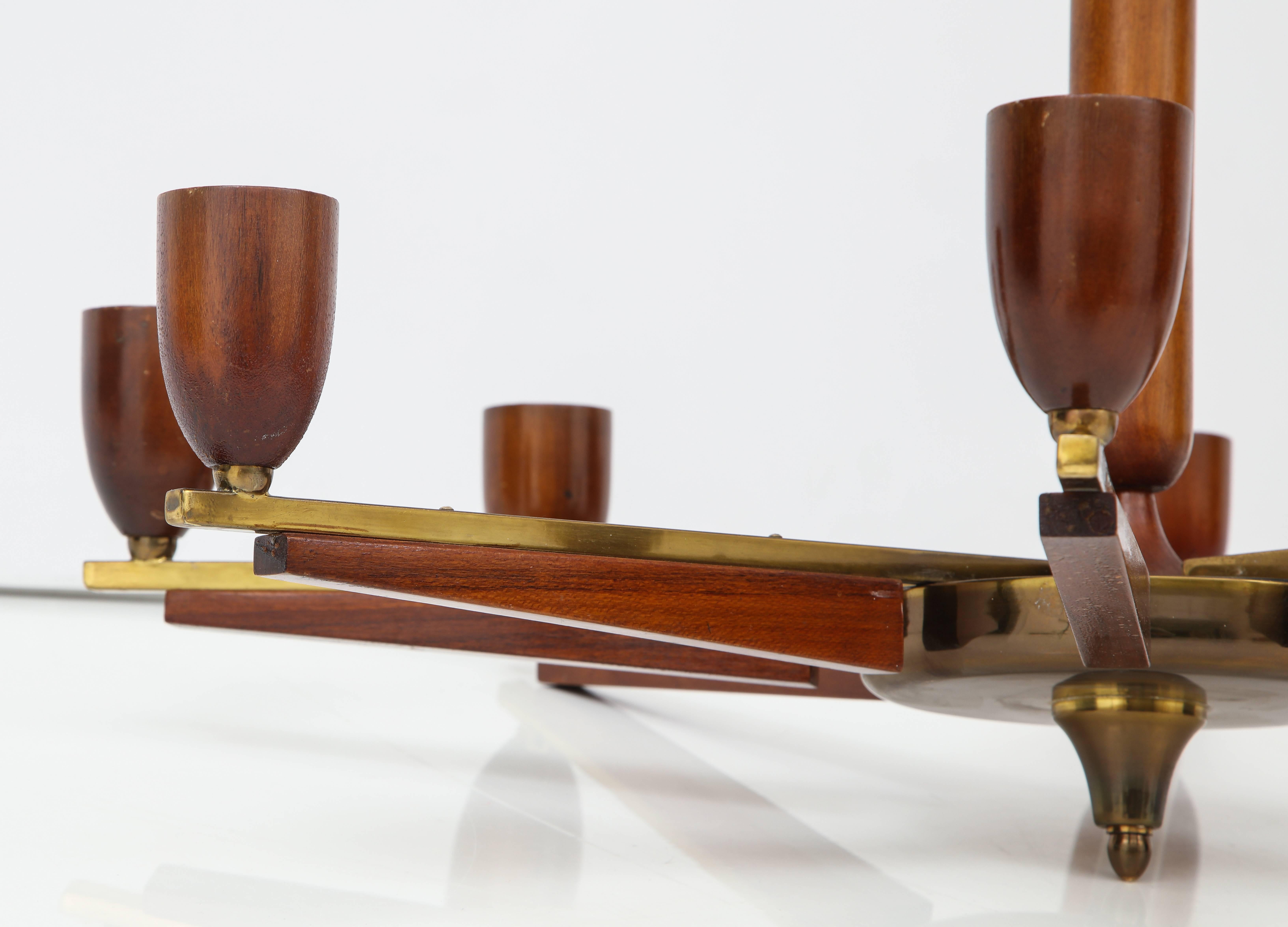 Mid-20th Century Italian Modernist Walnut and Brass Six-Arm Chandelier