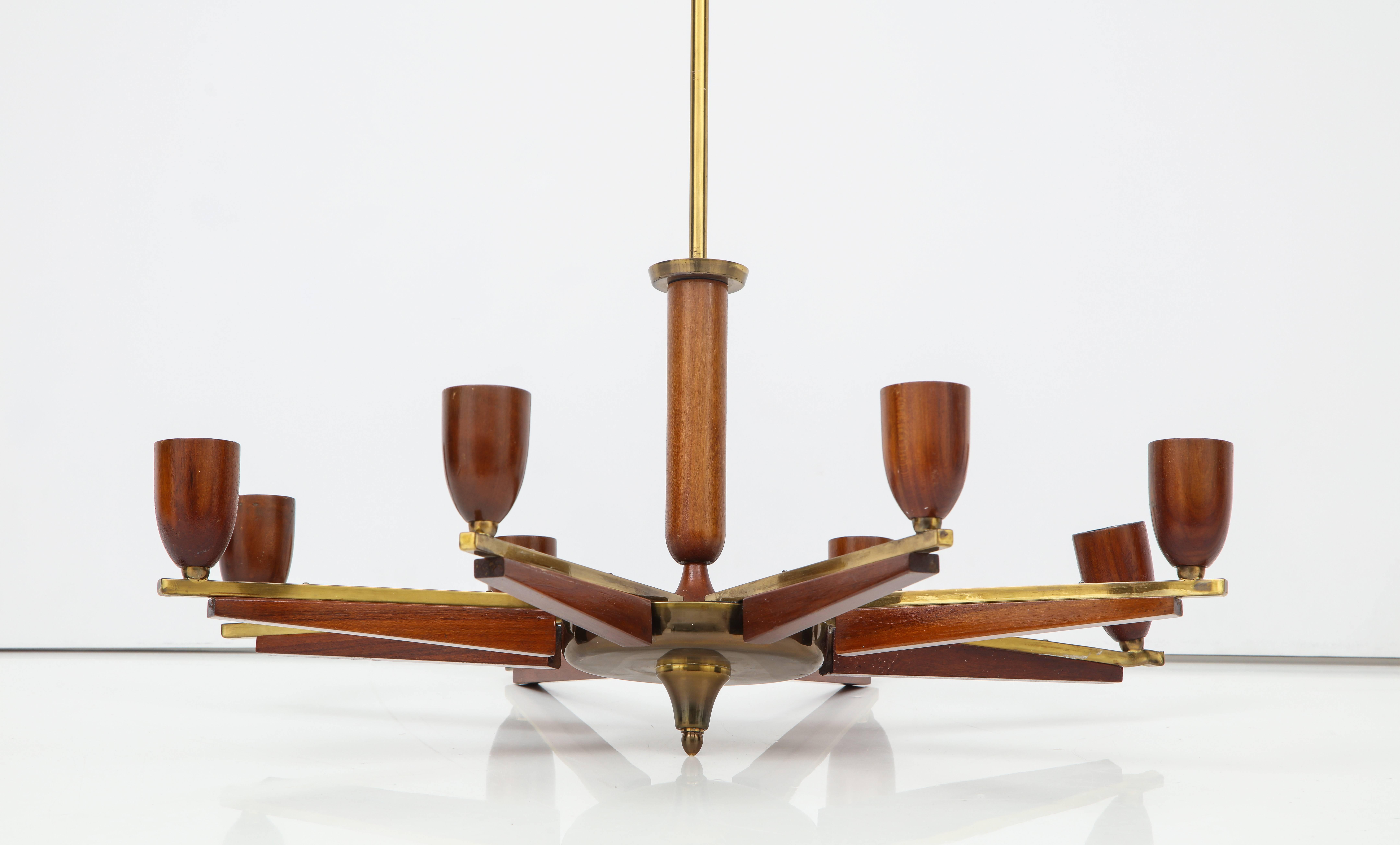 Italian Modernist Walnut and Brass Six-Arm Chandelier In Excellent Condition In New York, NY