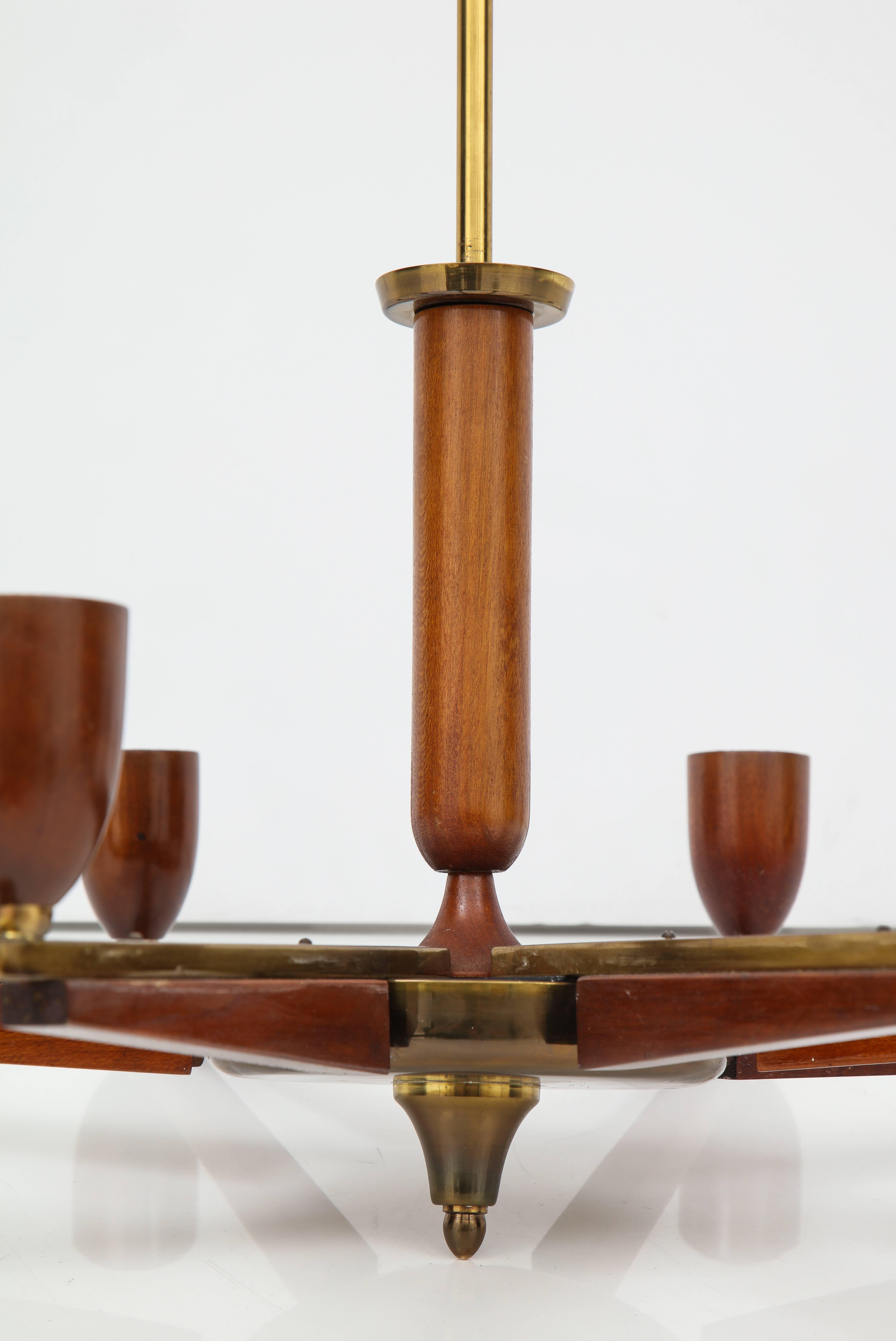 Italian Modernist Walnut and Brass Six-Arm Chandelier 1