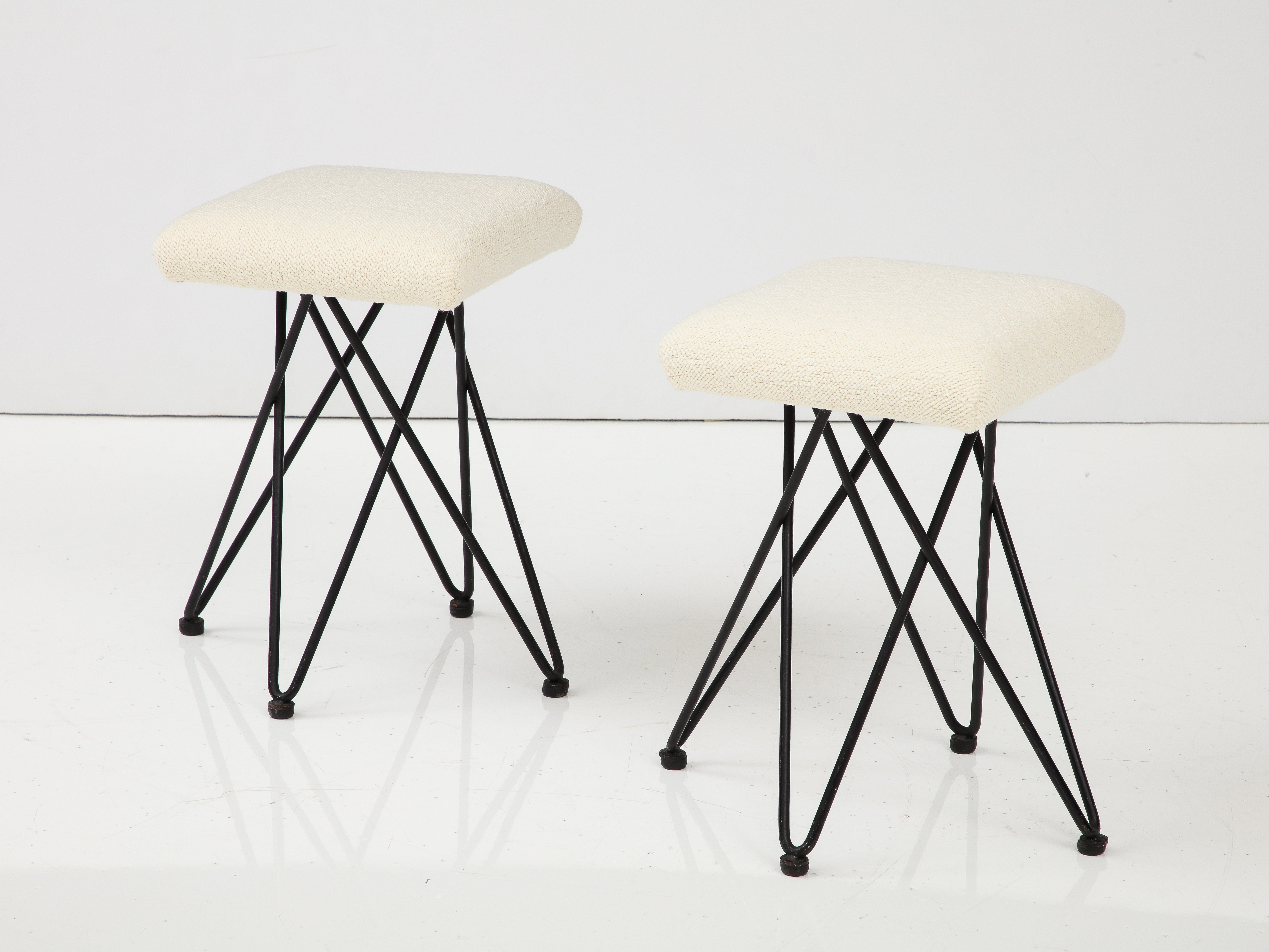 Pair of Italian 1950's Wrought Iron Square Upholstered Stools For Sale