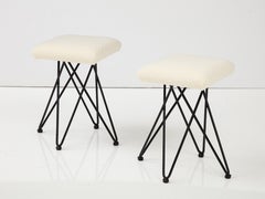 Vintage Pair of Italian 1950's Wrought Iron Square Upholstered Stools