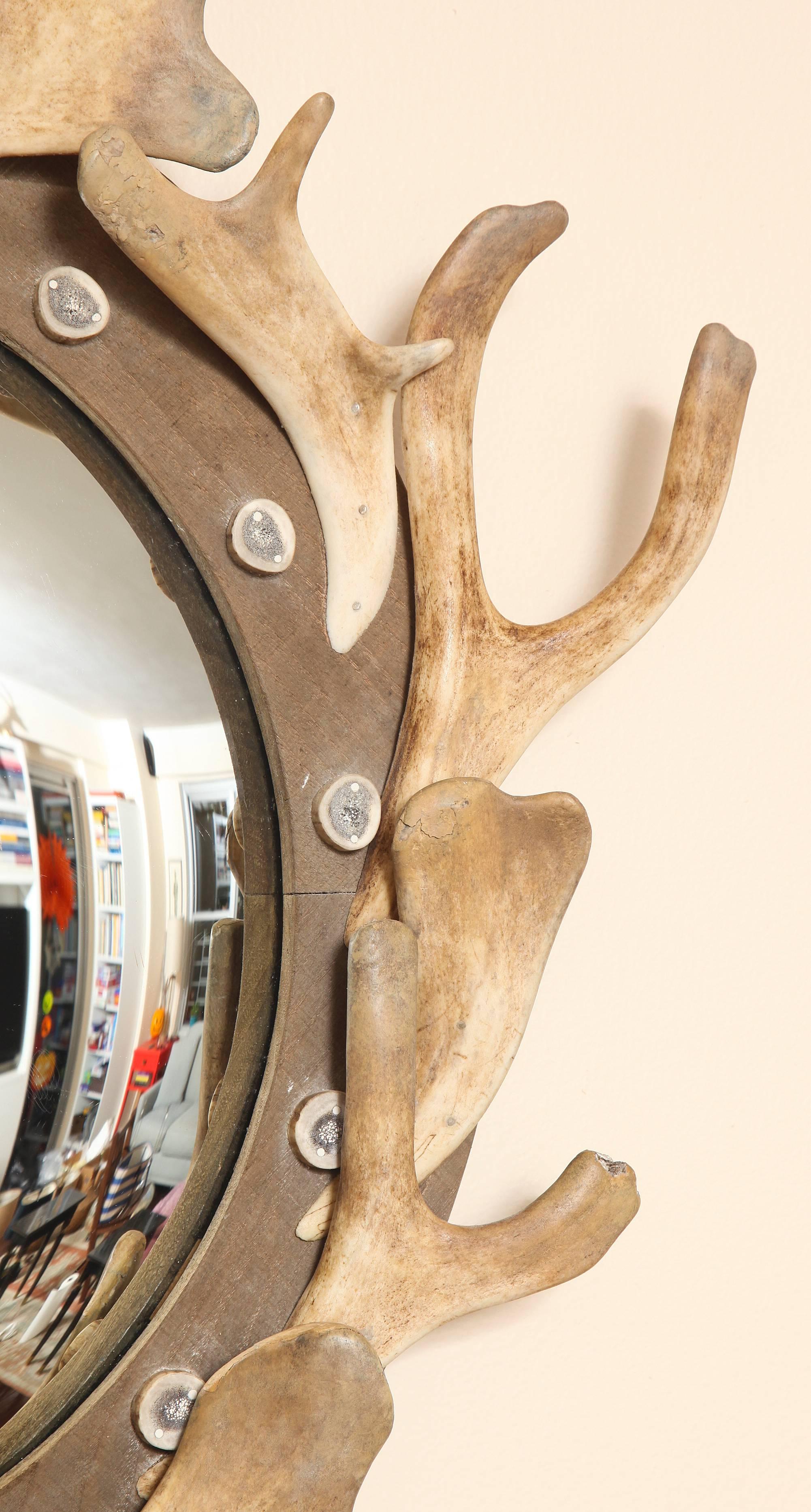 Antler and Wood Mounted Convex Mirror 1