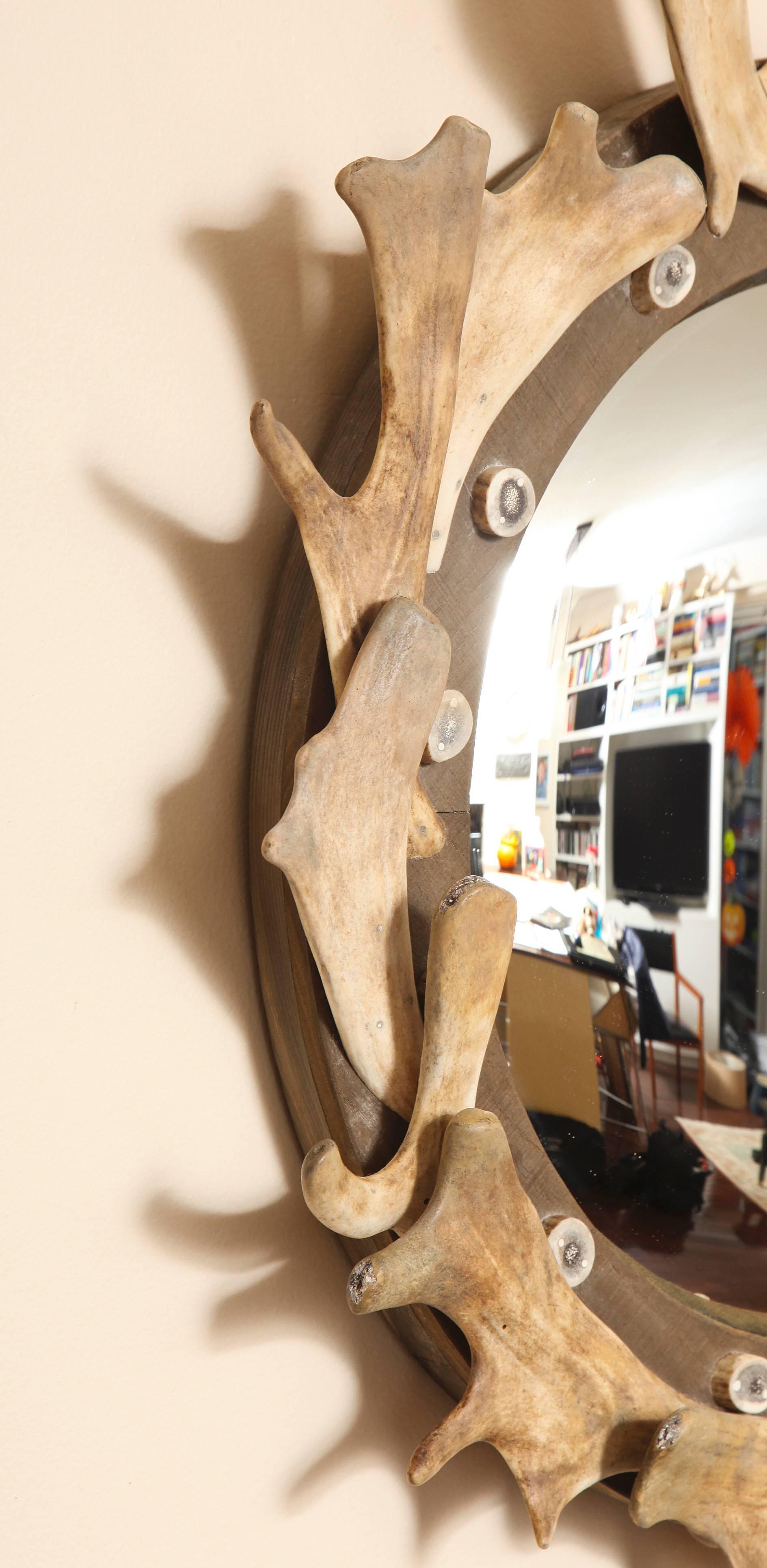 Rustic Antler and Wood Mounted Convex Mirror