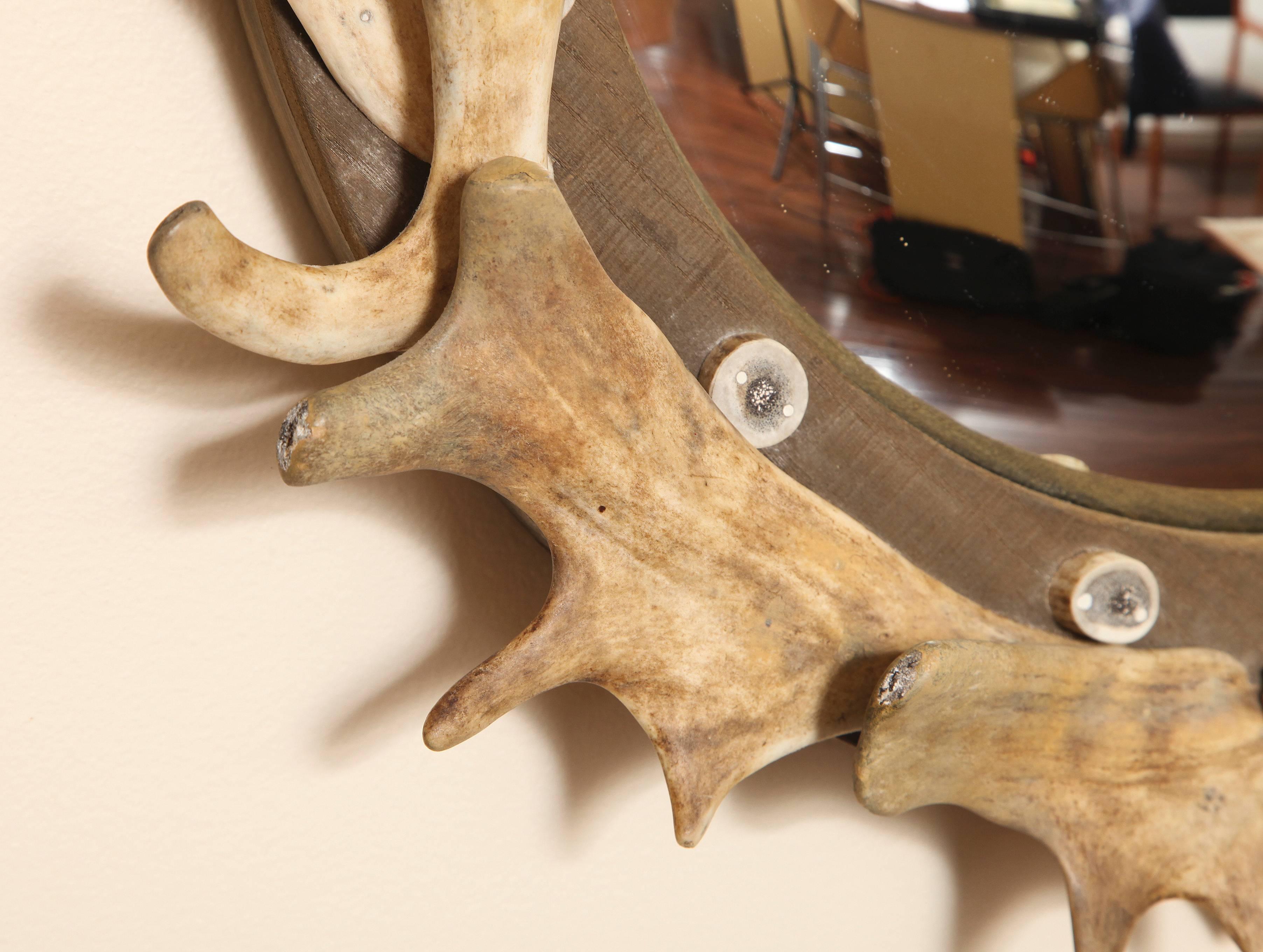 20th Century Antler and Wood Mounted Convex Mirror
