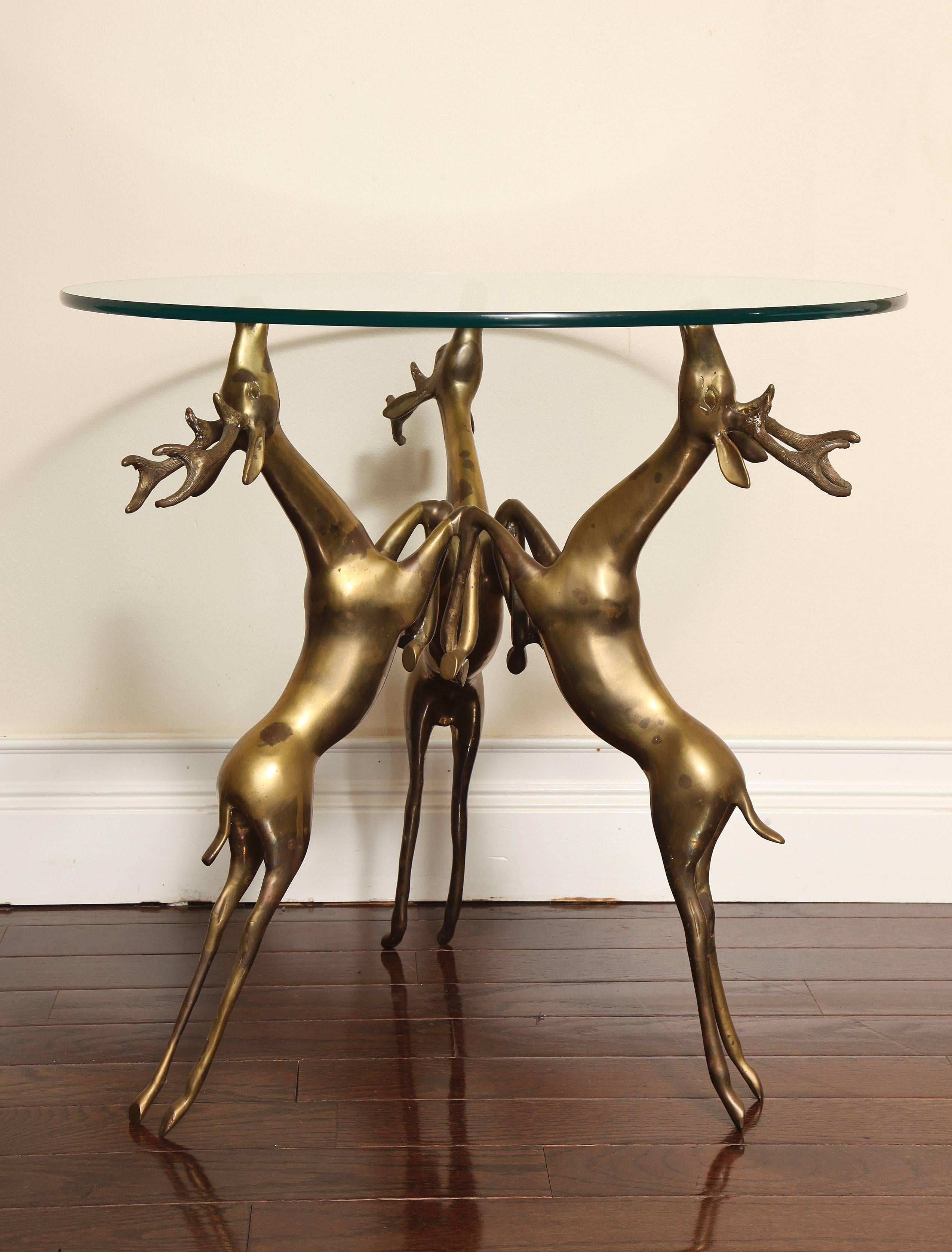 Glass-Top Coffee or Side Table, Base with Three Bronze Rearing Deer 1