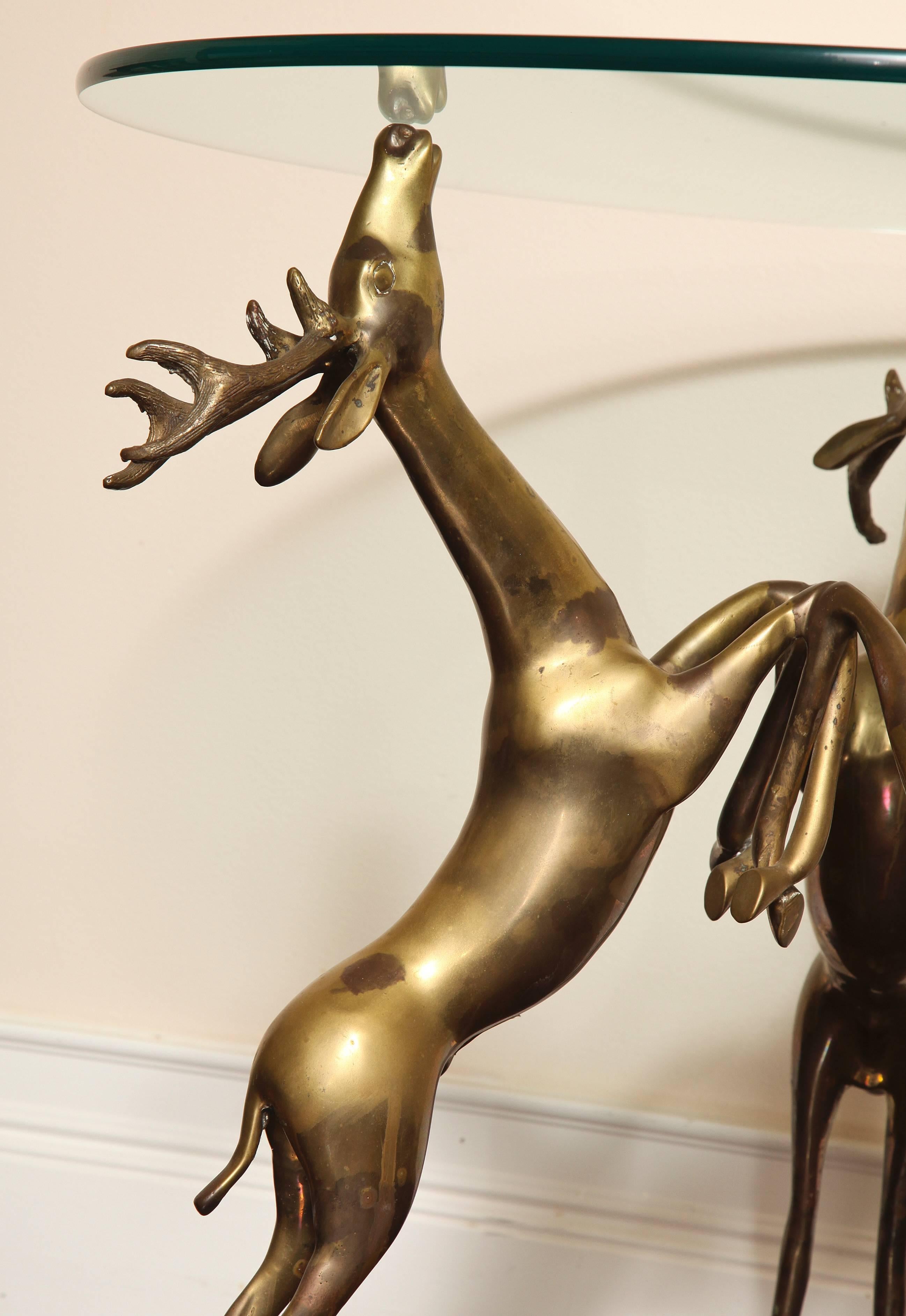 Glass-Top Coffee or Side Table, Base with Three Bronze Rearing Deer In Excellent Condition In New York, NY