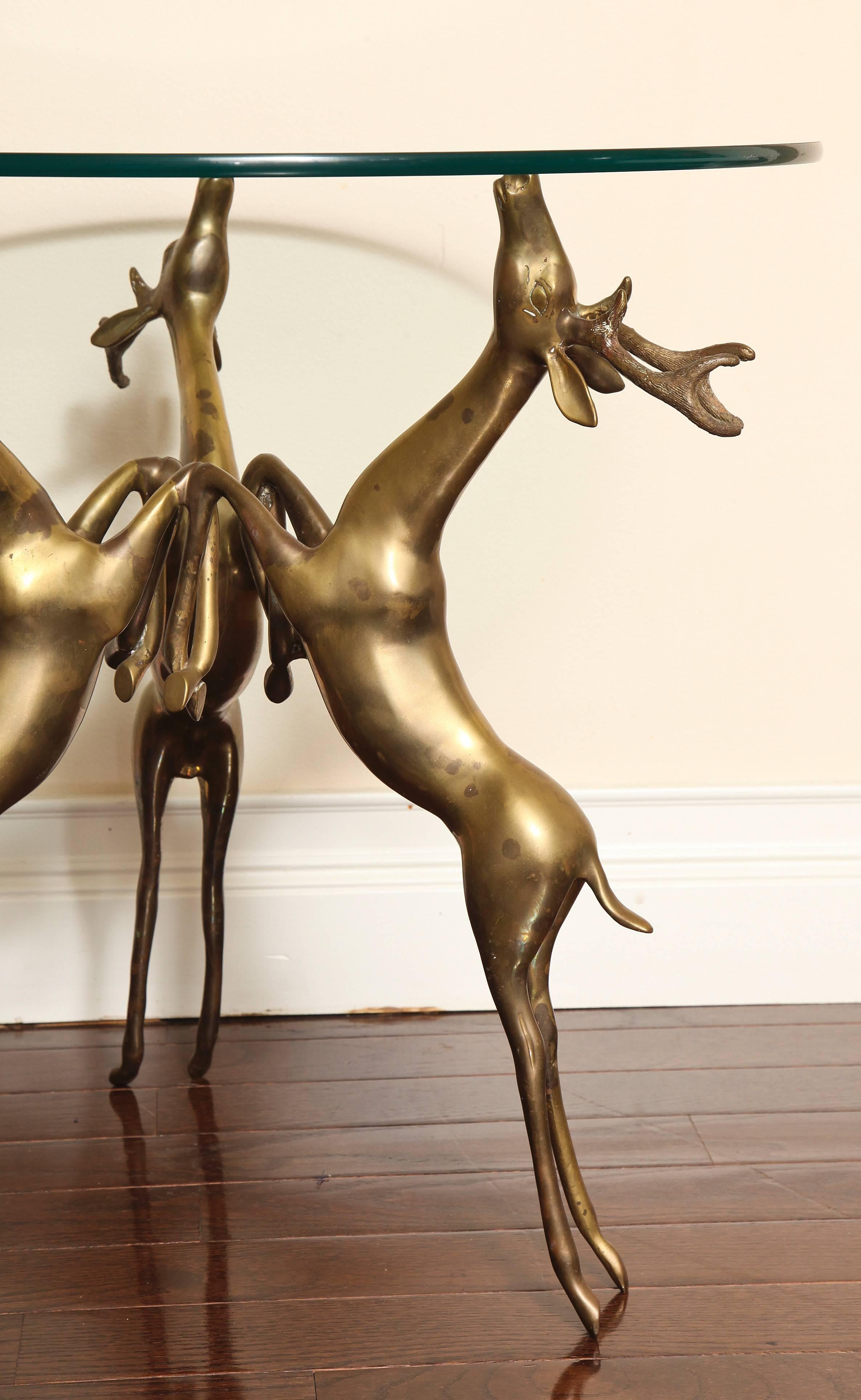 American Glass-Top Coffee or Side Table, Base with Three Bronze Rearing Deer