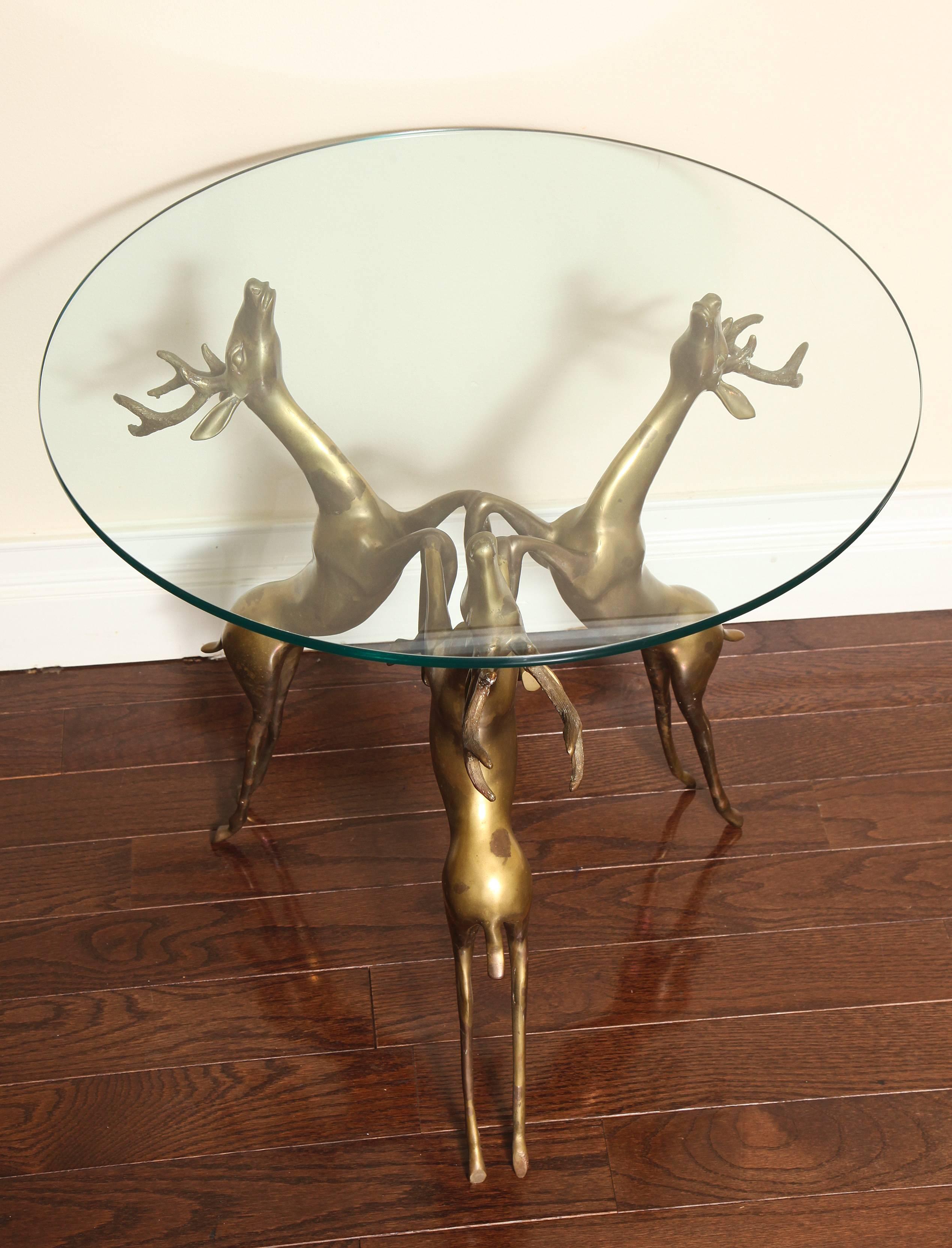 Mid-Century Modern Glass-Top Coffee or Side Table, Base with Three Bronze Rearing Deer