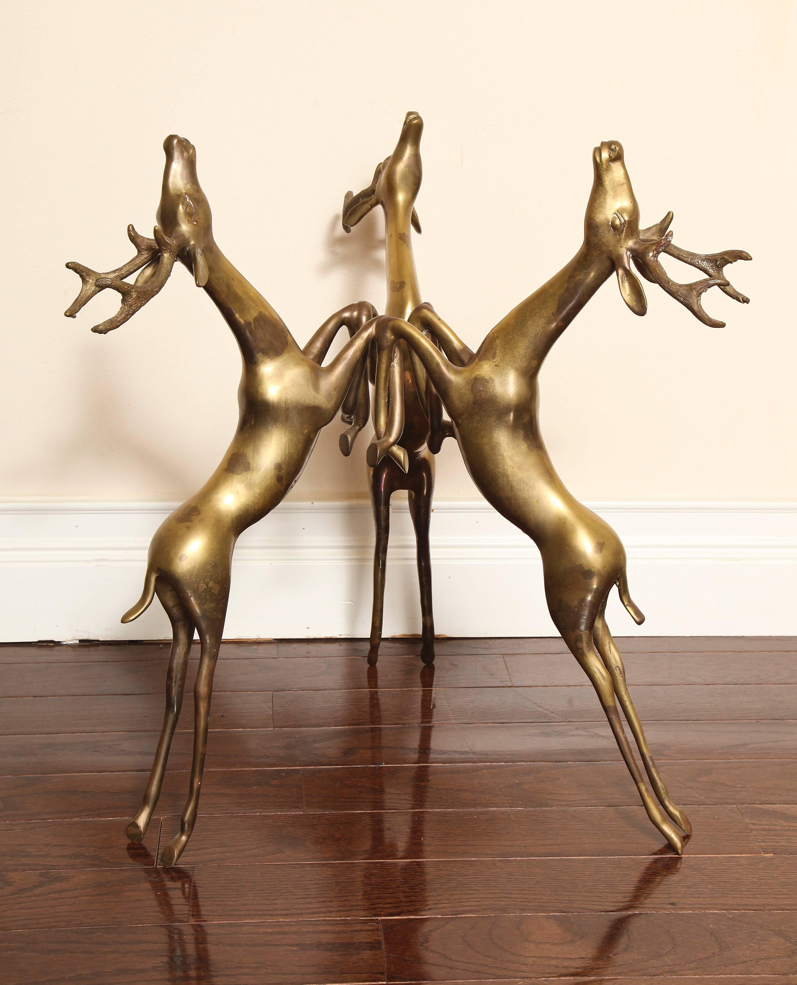 Glass-Top Coffee or Side Table, Base with Three Bronze Rearing Deer 2