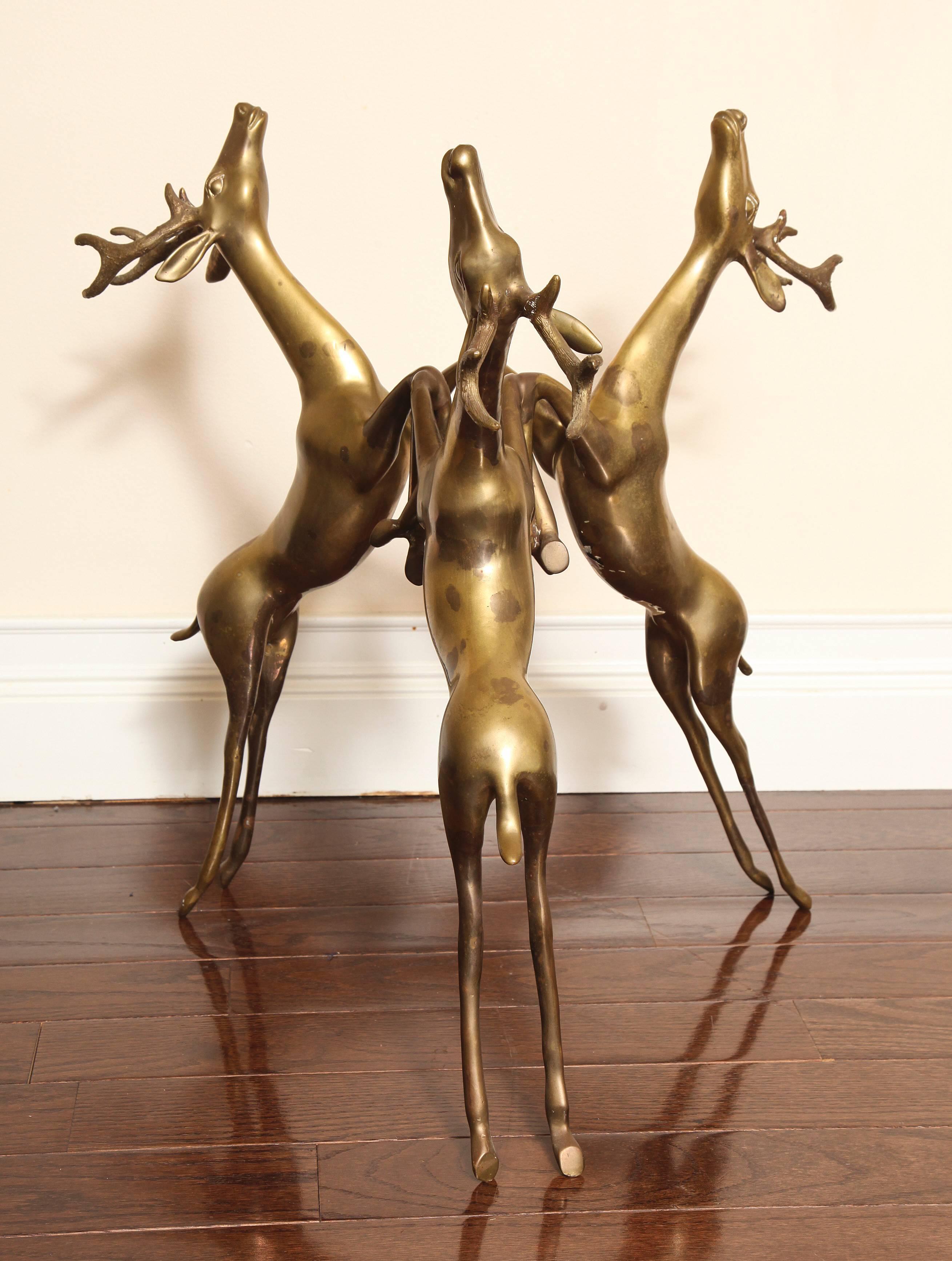 Glass-Top Coffee or Side Table, Base with Three Bronze Rearing Deer 3