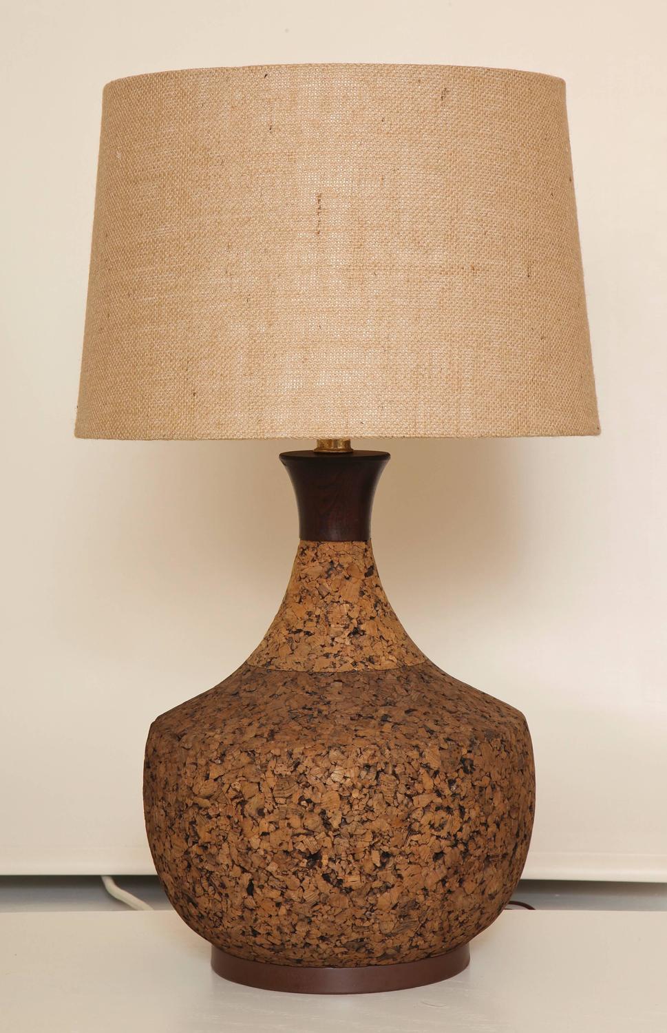 Pair of MidCentury Modern Cork Lamps with Original Linen Shades at 1stdibs