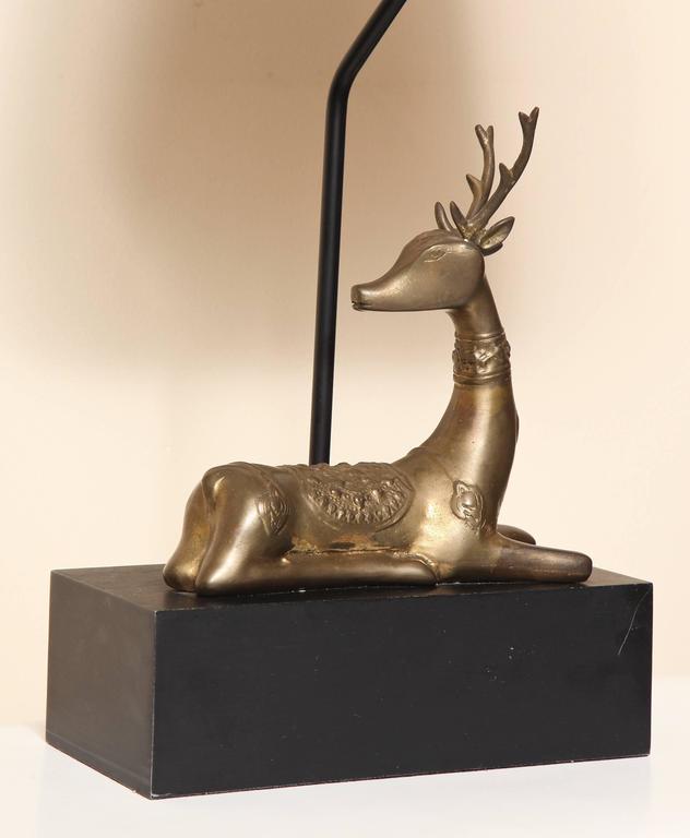 Brass Deer Mounted Table Lamp Made By Chapman With Label Dated A Brass Deer Mounted Table Lamp On Rectangular Block Wood Plinth With Painted Ball Finial