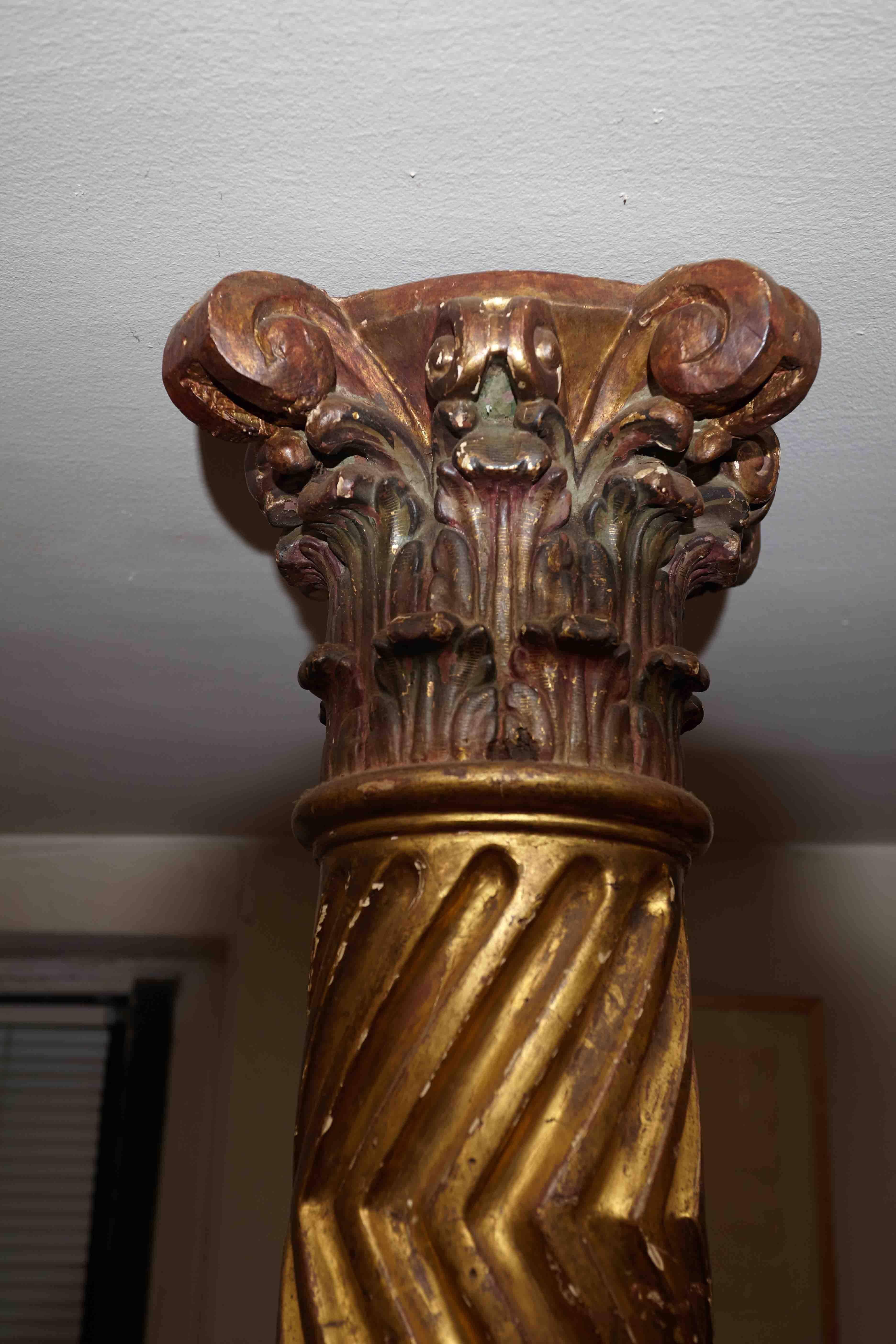 Mannerist Pair of 17th Century Spanish Carved Gilt and Polychrome Wood Columns