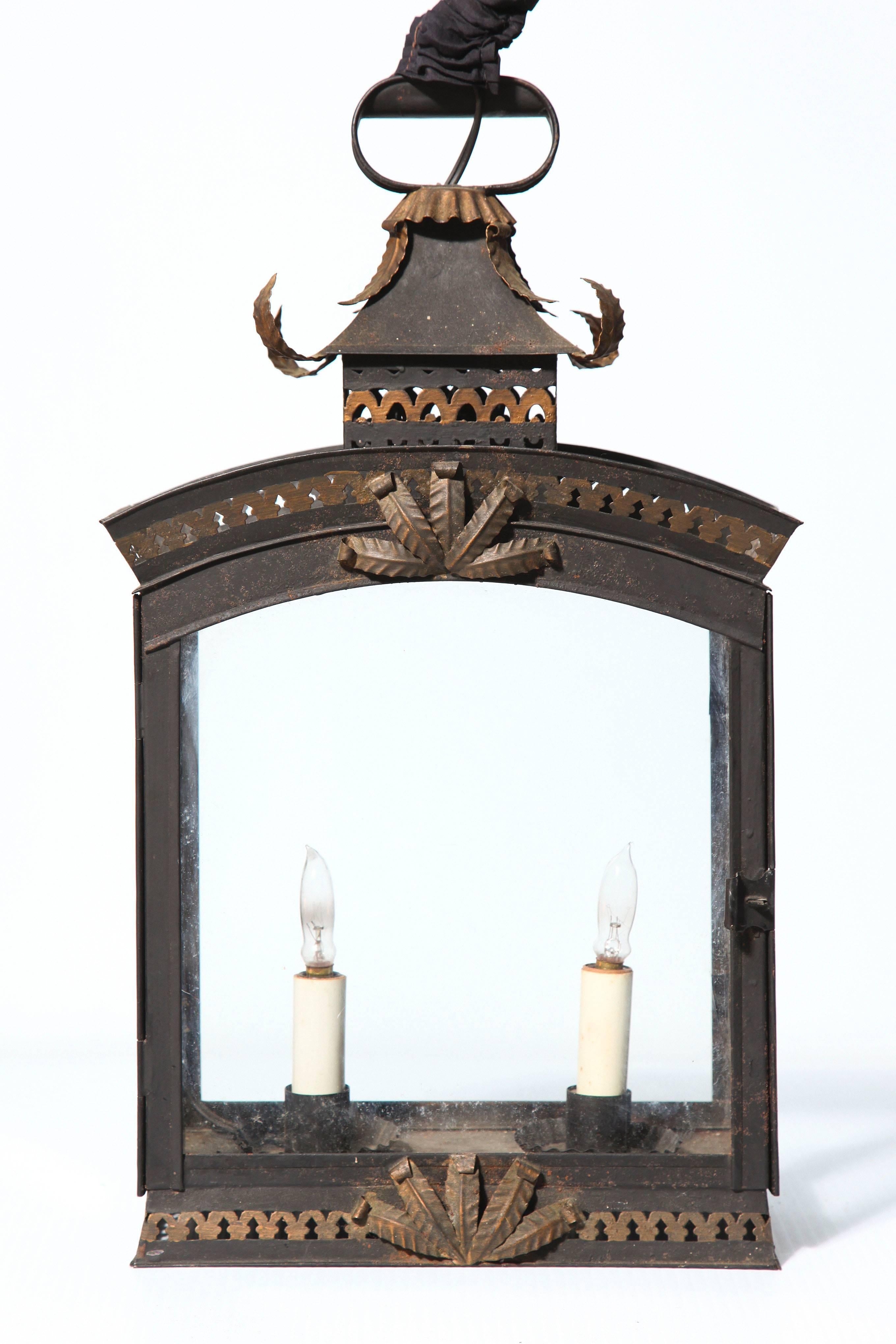 Mid-20th Century Charming Two-Light Tole Painted and Gilded Lantern