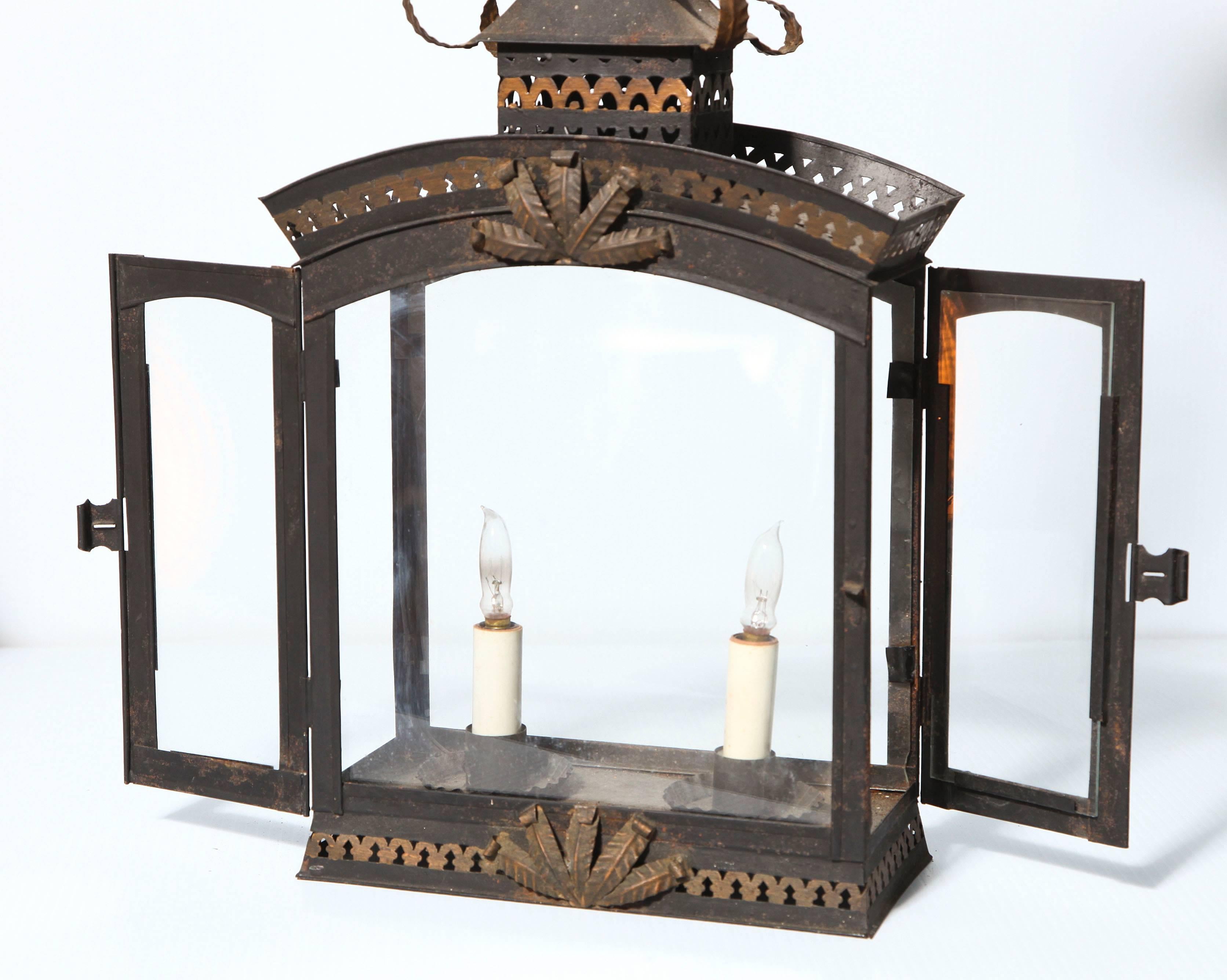 French Charming Two-Light Tole Painted and Gilded Lantern