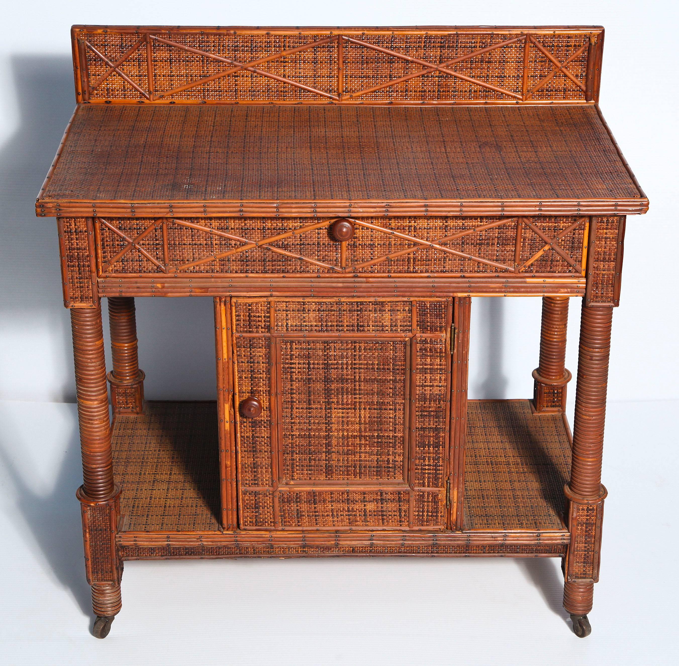 American Side Cabinet in Woven and Split Rattan, Fitted with Single Drawer and Storage
