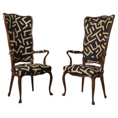 Pair of Italian Walnut High Back Armchairs, Kuba Fabric, circa 1950