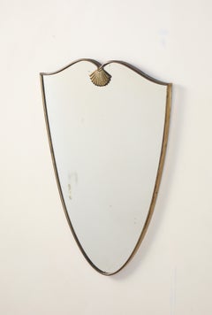 Italian Mid-Century Shield-Form Brass Mirror with Shell Crest, circa 1950
