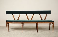 Italian Walnut Carved Settee / Bench with Velvet Seat, circa 1950