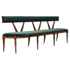 Italian Walnut Carved Settee / Bench with Velvet Seat, circa 1950